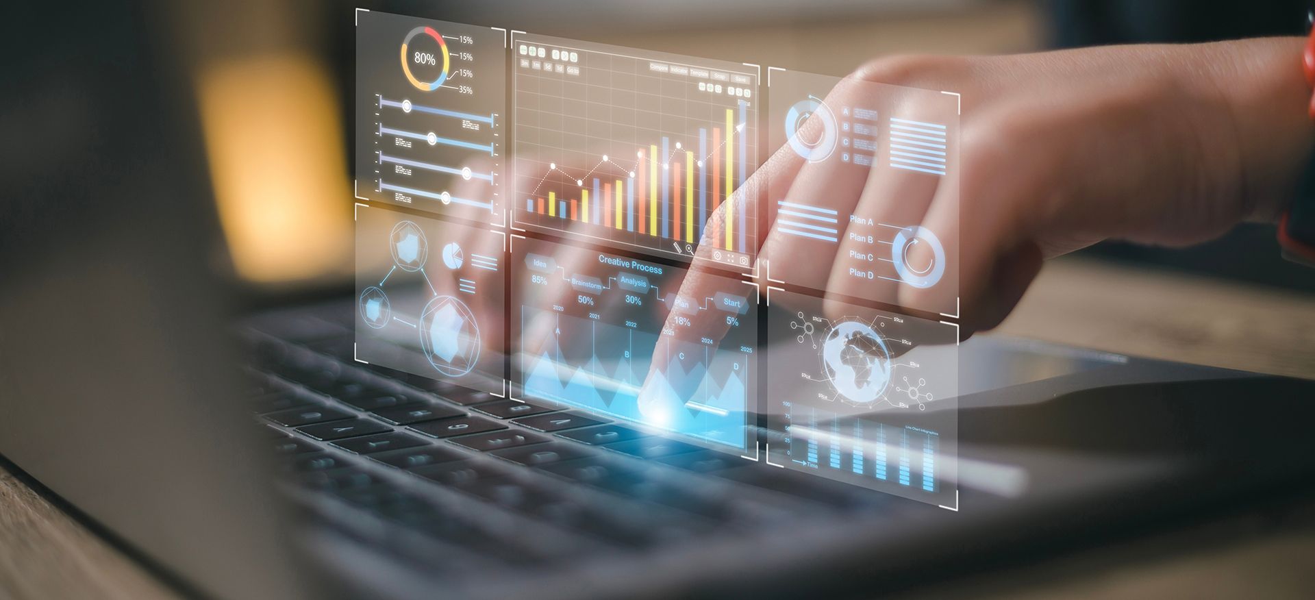 Data analyst working on business analytics dashboard with charts, metrics and KPI to analyze performance and create insight reports for operations management.