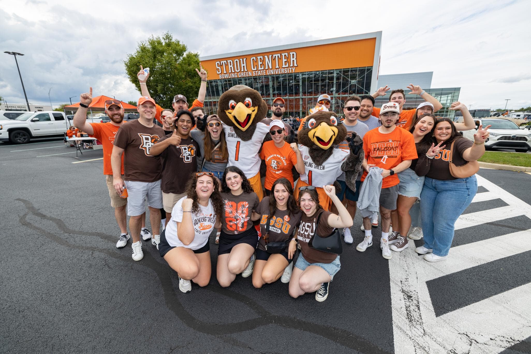 Group of people with Freddie and Frieda Falcon