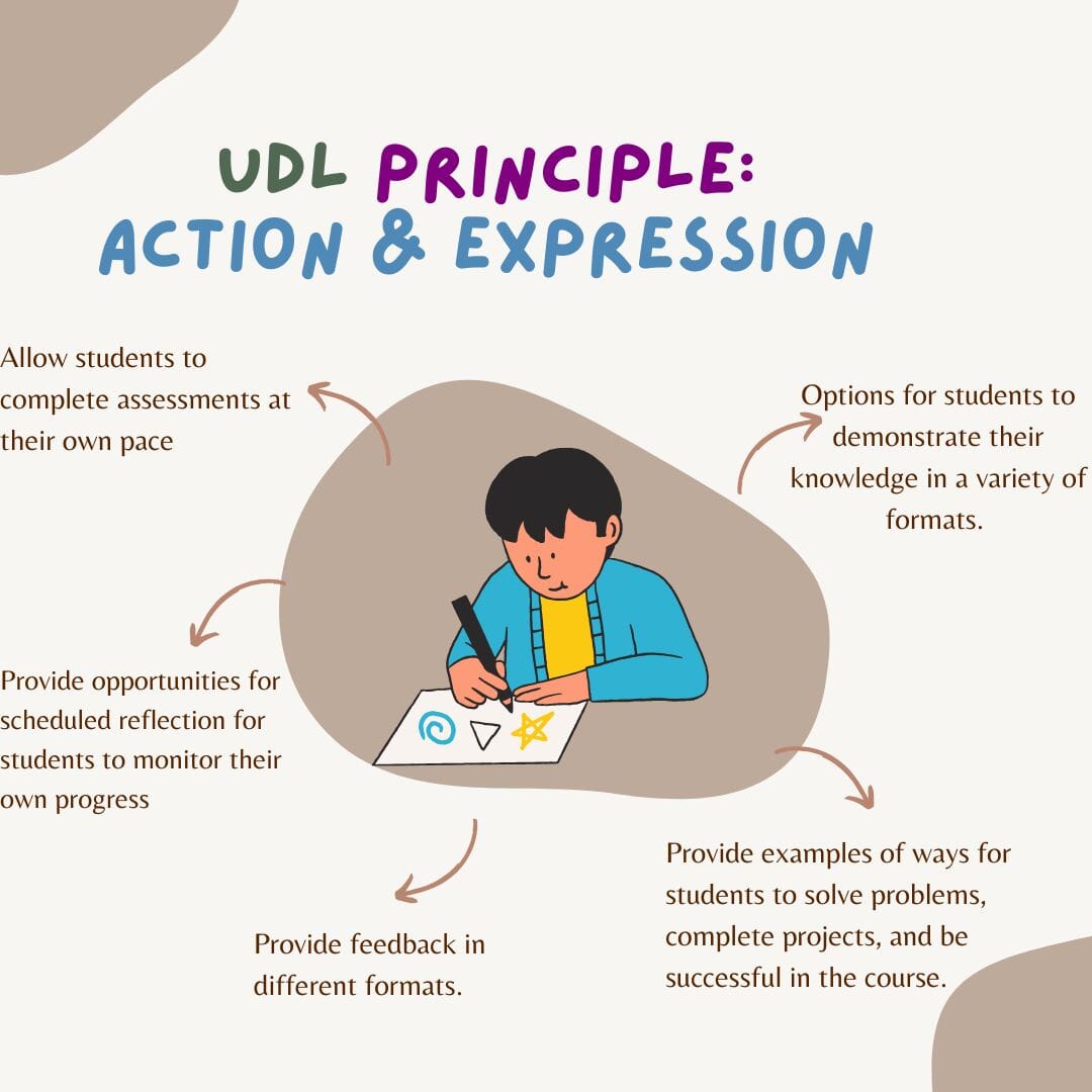 Circular flow chart depicting the ways to adhere to the UDL Principle of Action & Expression.