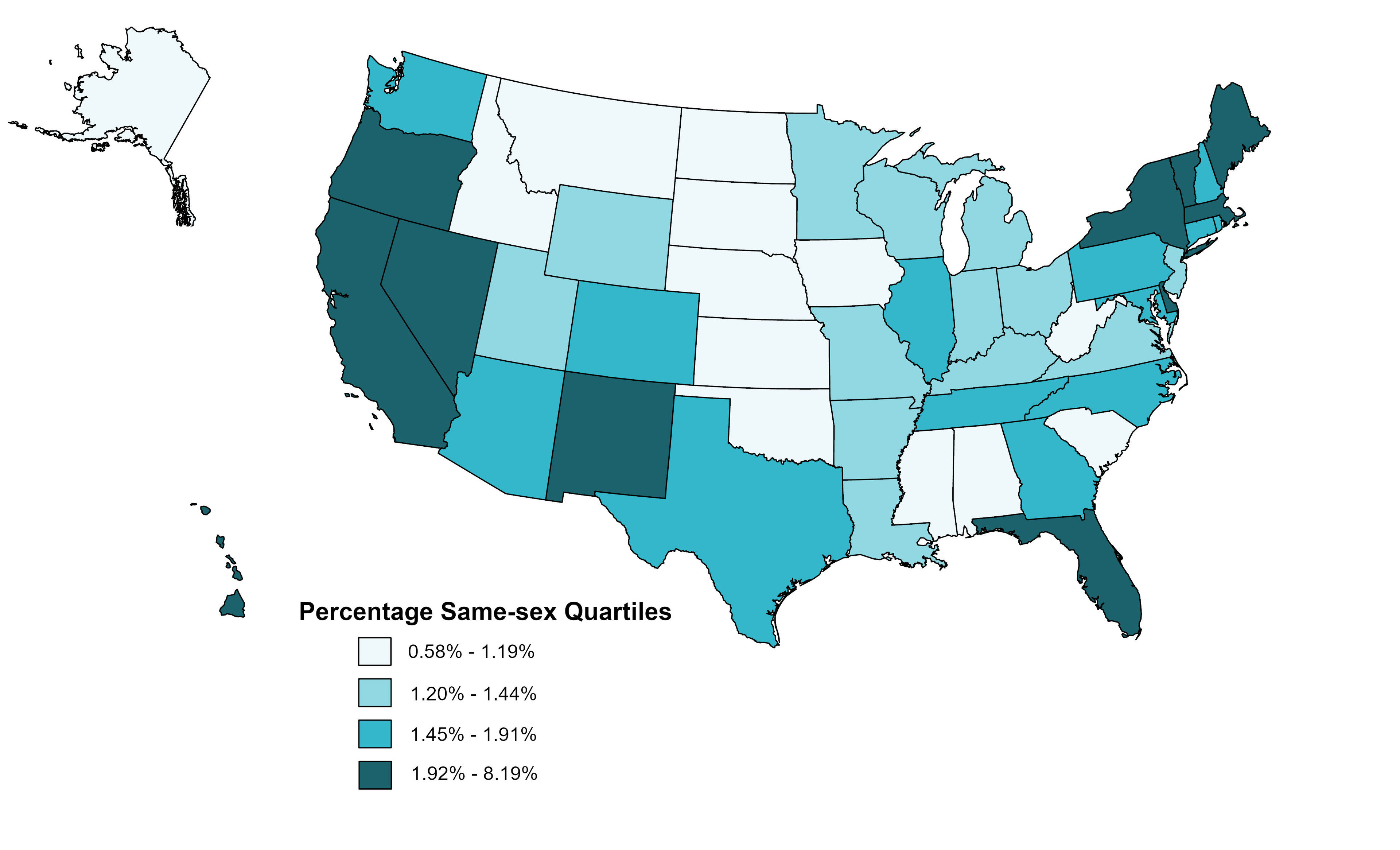 graph showing Figure 1. Map of the share of unions to same-sex couples in the U.S., 2020-2021