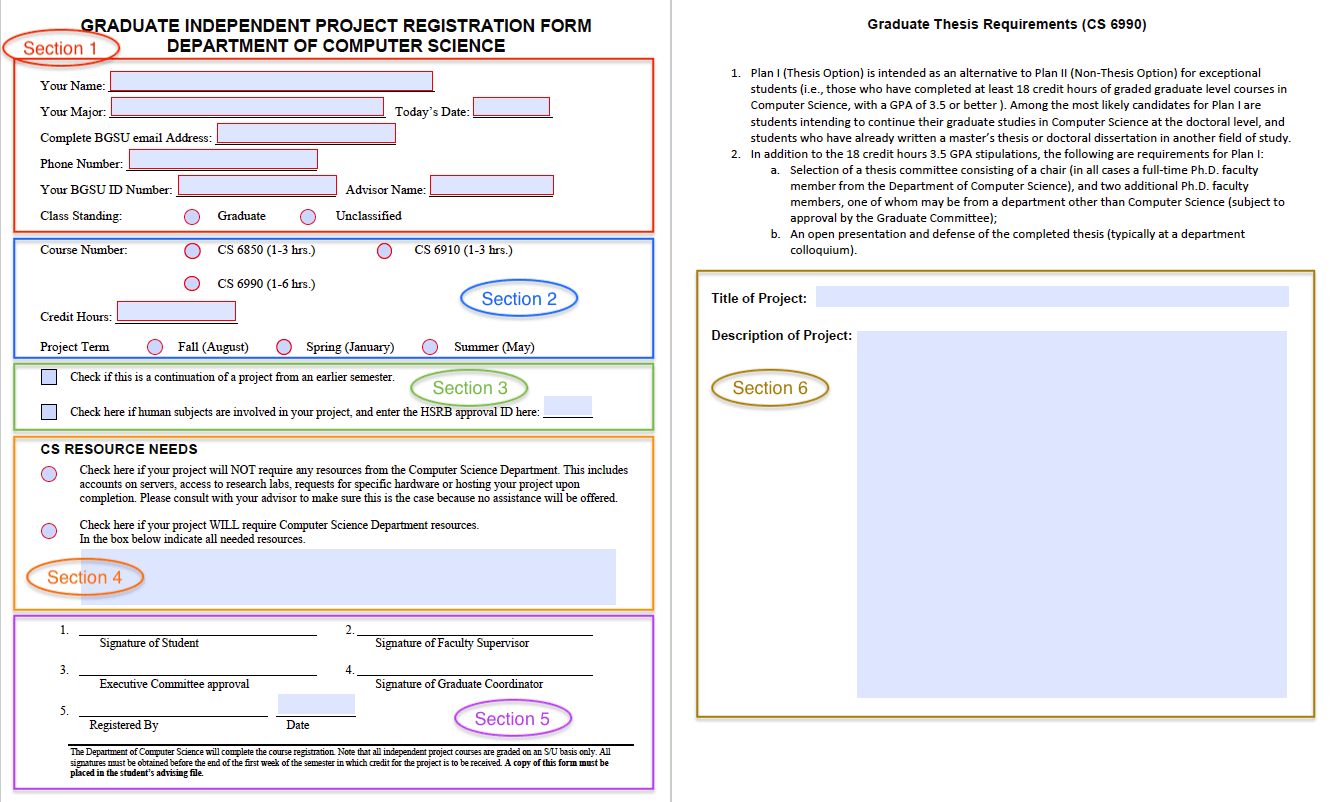 Preview of independent project form indicating sections visually. These sections are described below on this web page.