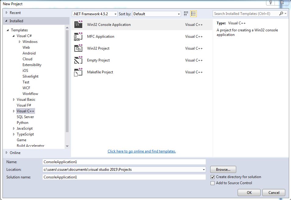 vs new project dialog box