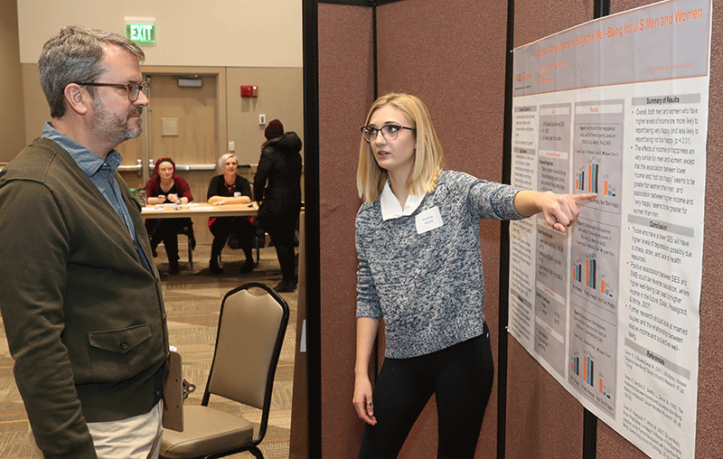 Kristina Wojcik presents 2018 Capstone poster to Professor Raymond Swisher