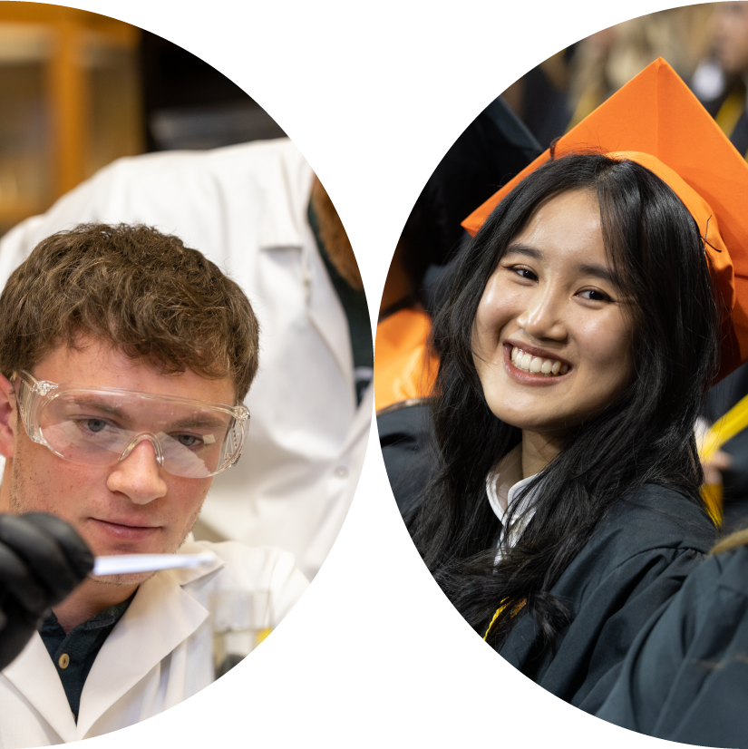 A student in the lab and another student graduating
