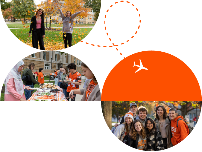 BGSU students sharing a meal, playing in the fall leaves, and posing for a picture