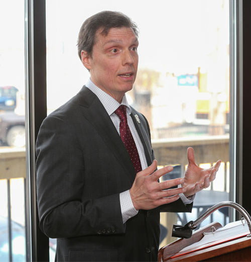 Andrew Kurtz, Dean, BGSU Firelands, speaks to the Sandusky community and BGSU Administration, faculty, staff and students, during the launch of the Vital Communities Initiative in Sandusky, Ohio.