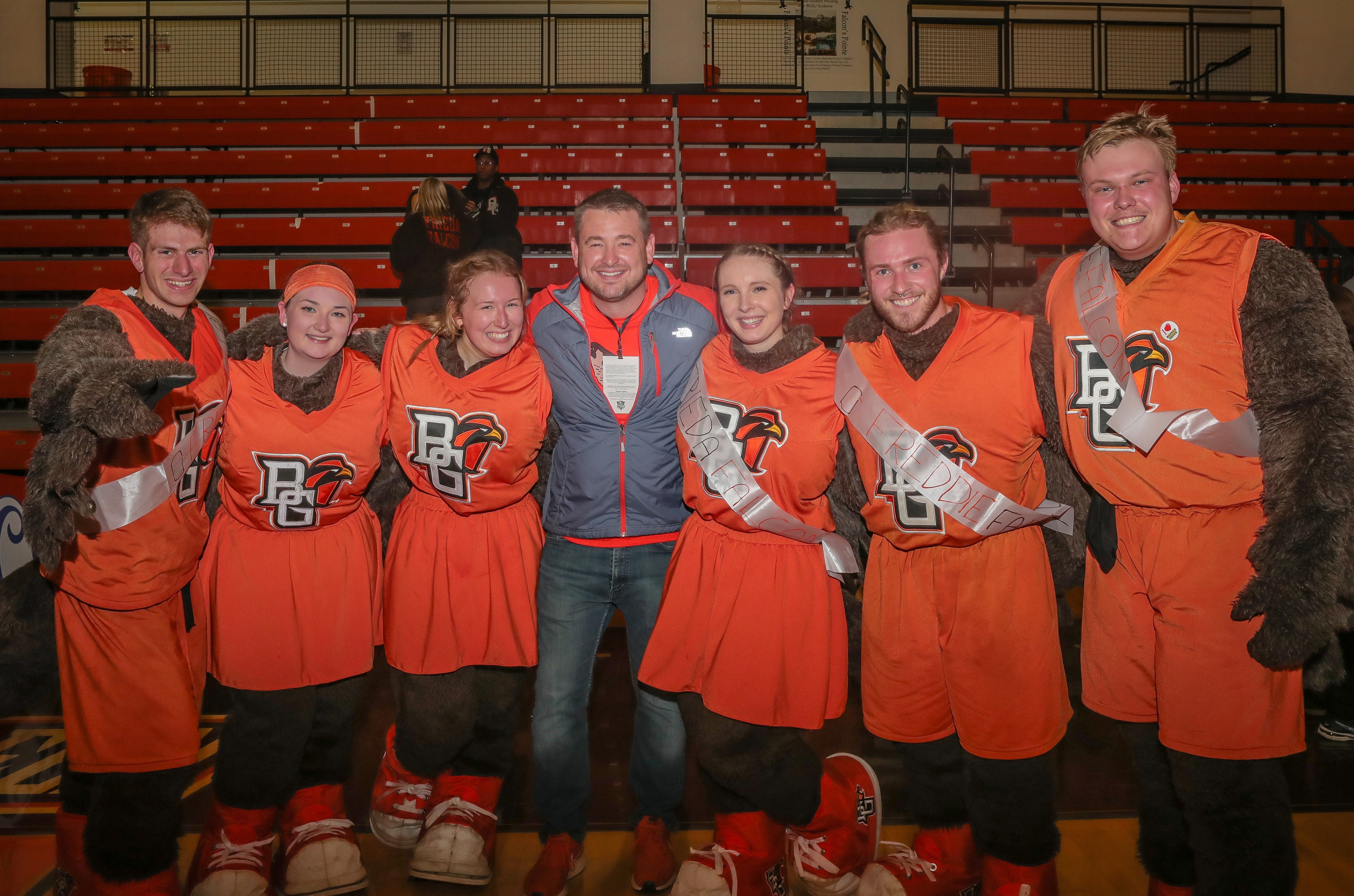 Unmasked Freddie and Frieda Falcons at the Mascot Reveal