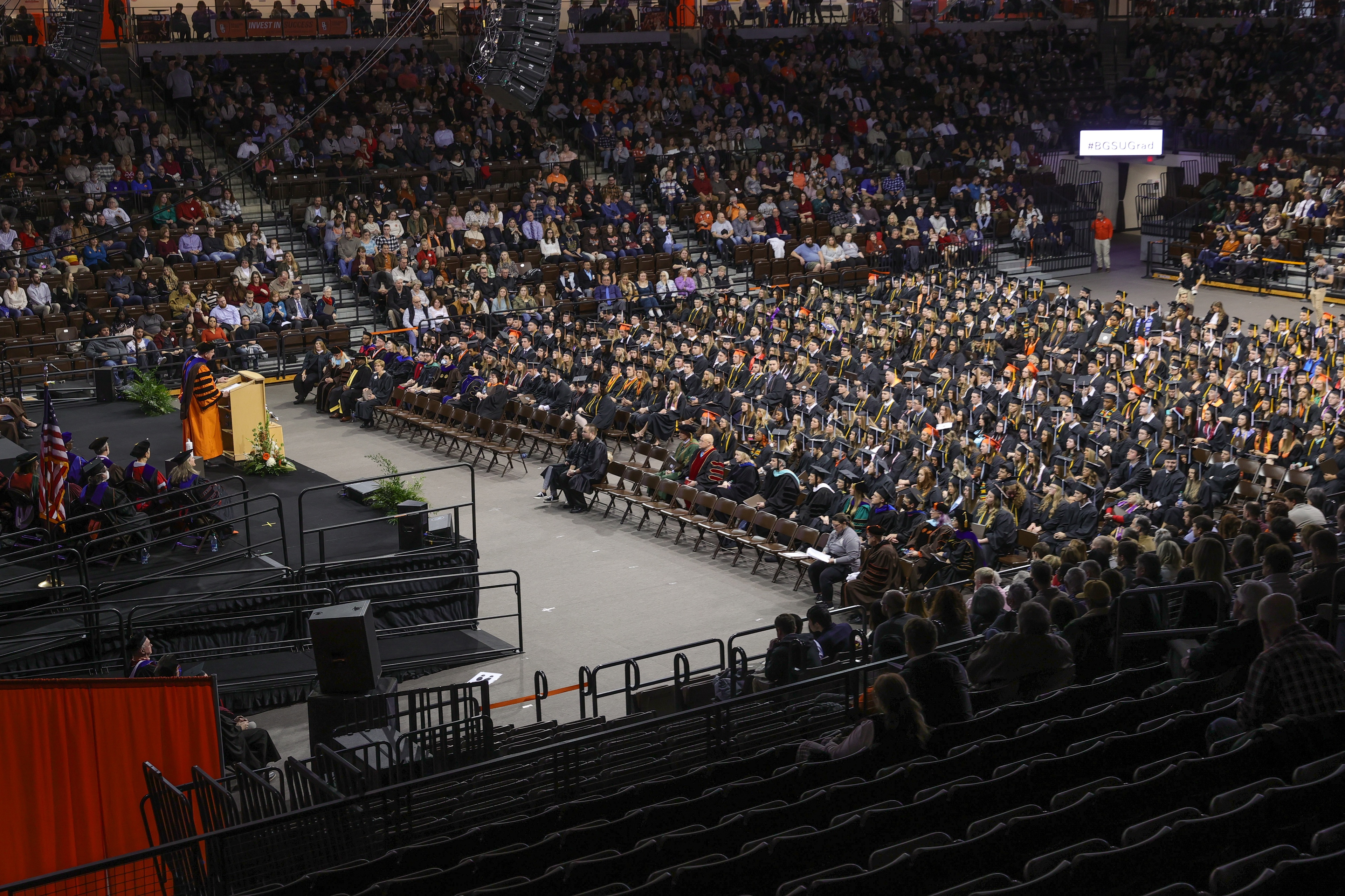 Fall 2022 graduates assembled on Stroh Center floor