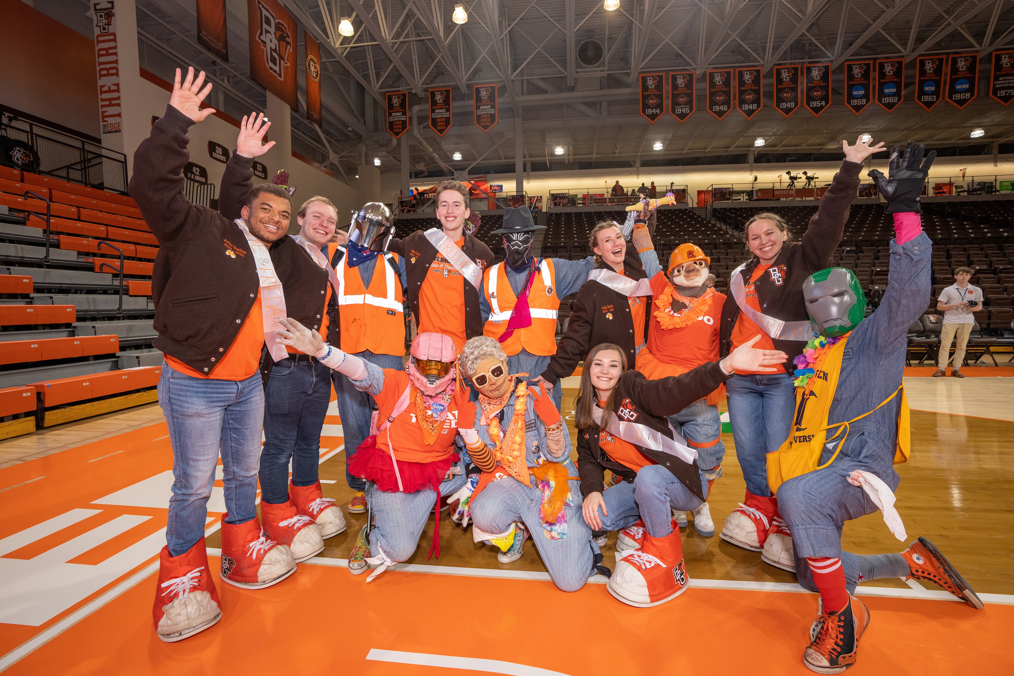 BGSU Freddie and Frieda Falcon mascots with SICSIC members
