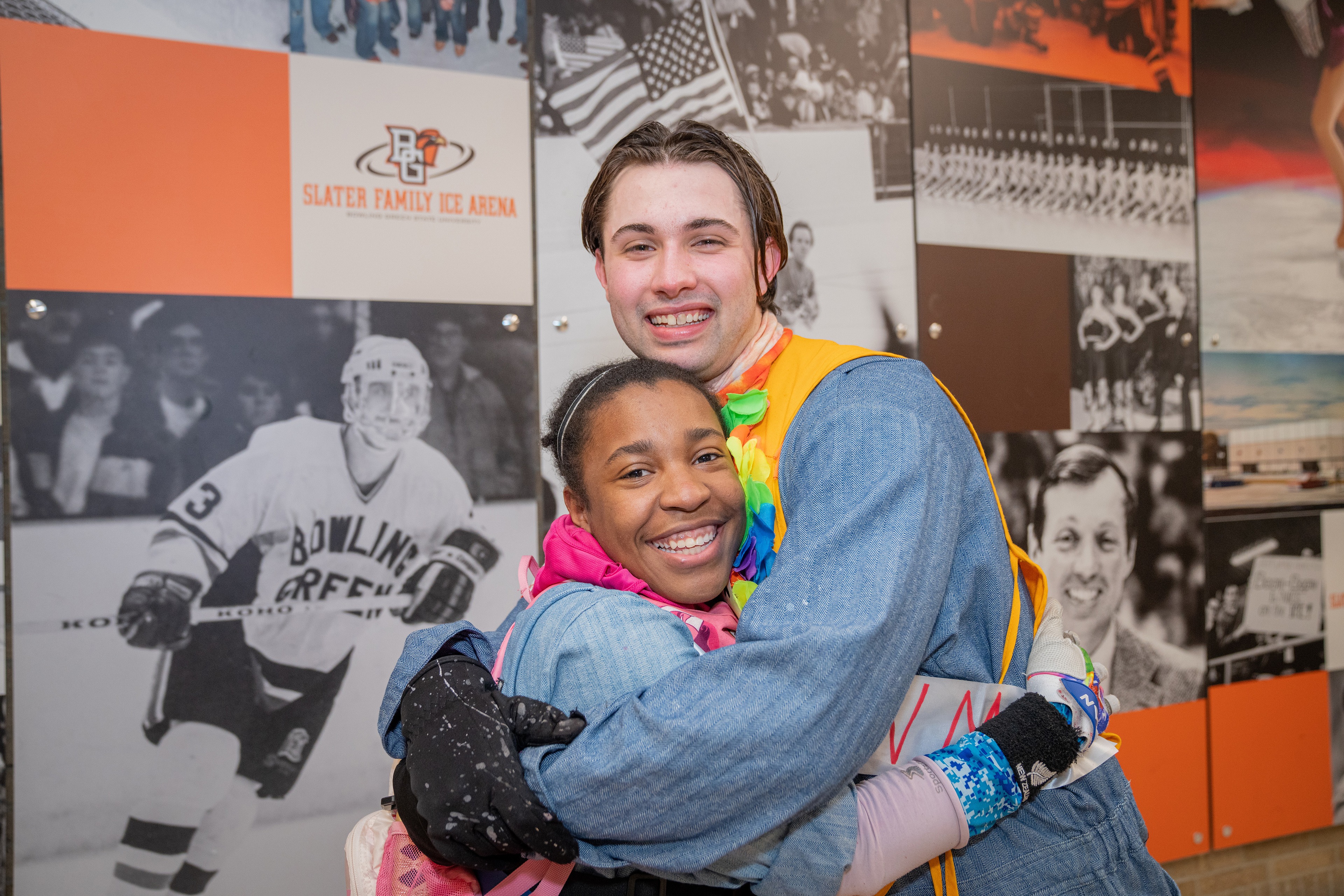 Two BGSU students Nia Butts and Joshua Auten hug