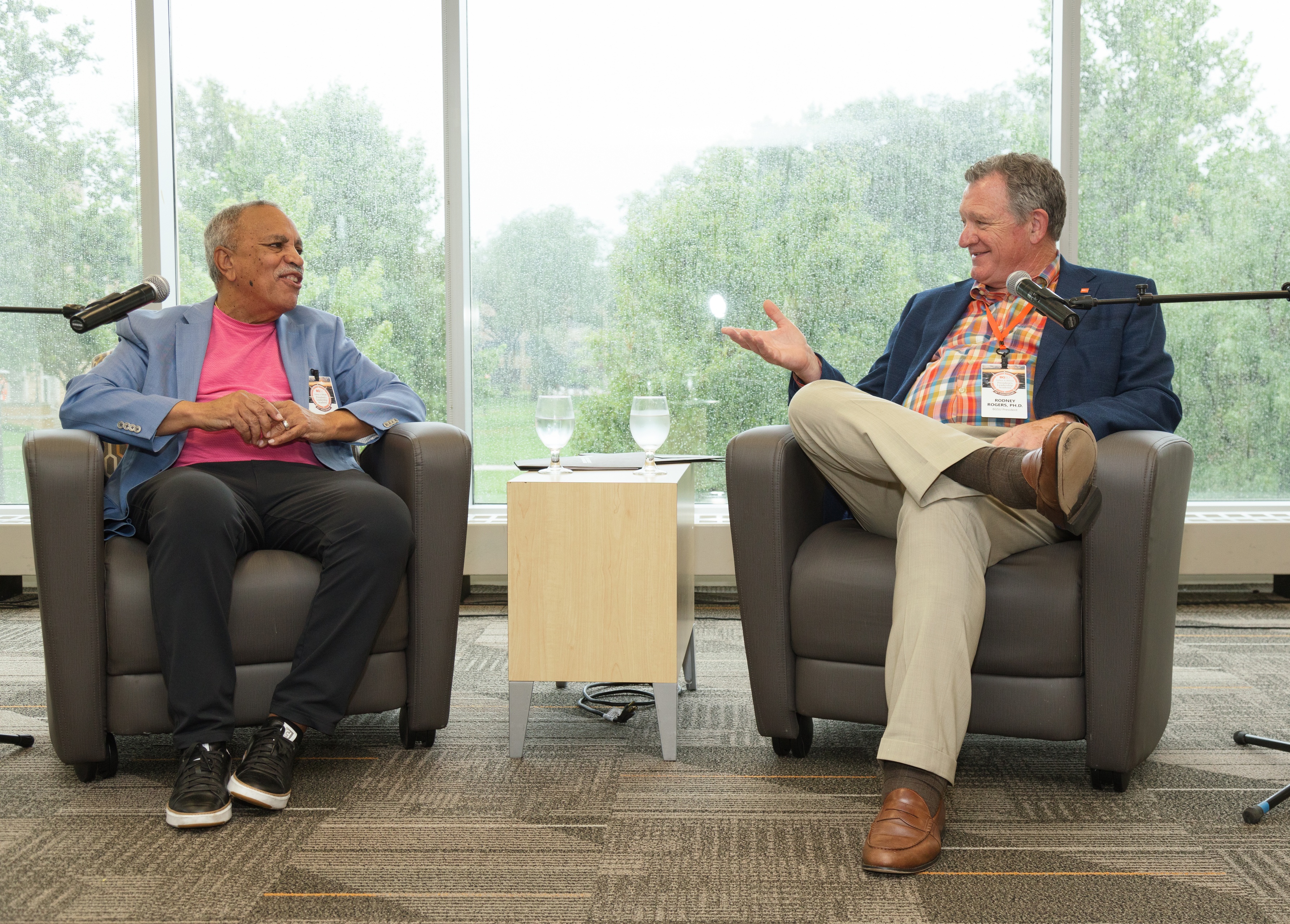 President Rodney K. Rogers and President Emeritus Sidney A. Ribeau discuss the Sidney A. Ribeau President’s Leadership Academy during the PLA's 25th Anniversary celebration.
