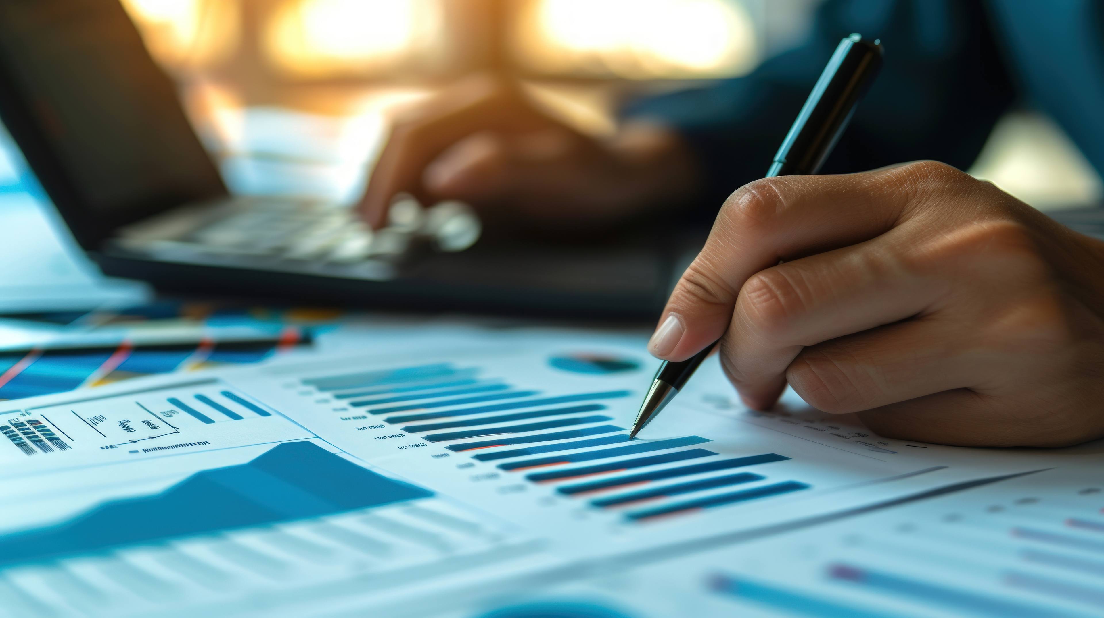 Accountant sits at desk with laptop going over data charts and graphs