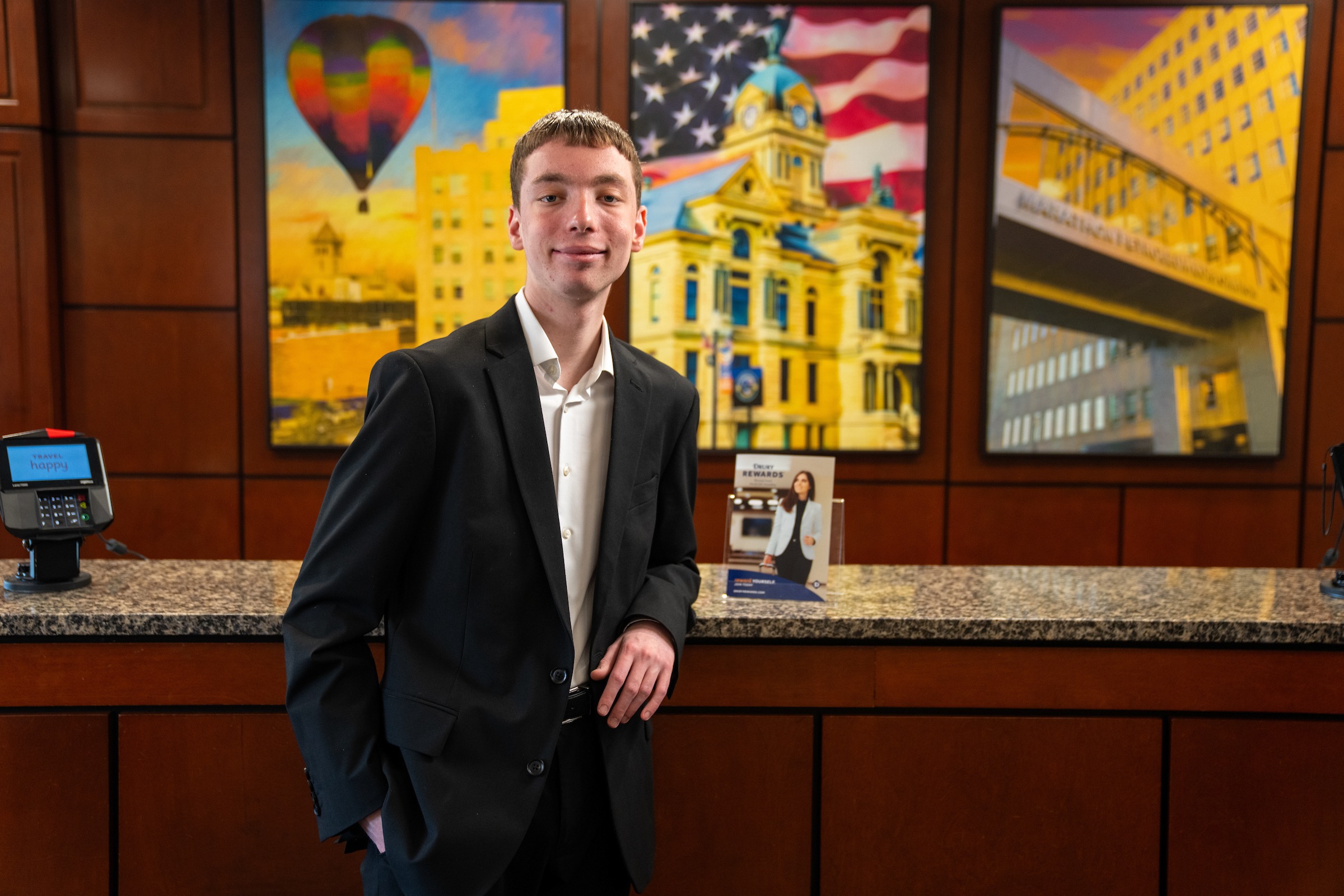 Ethan Kirk in the hotel lobby