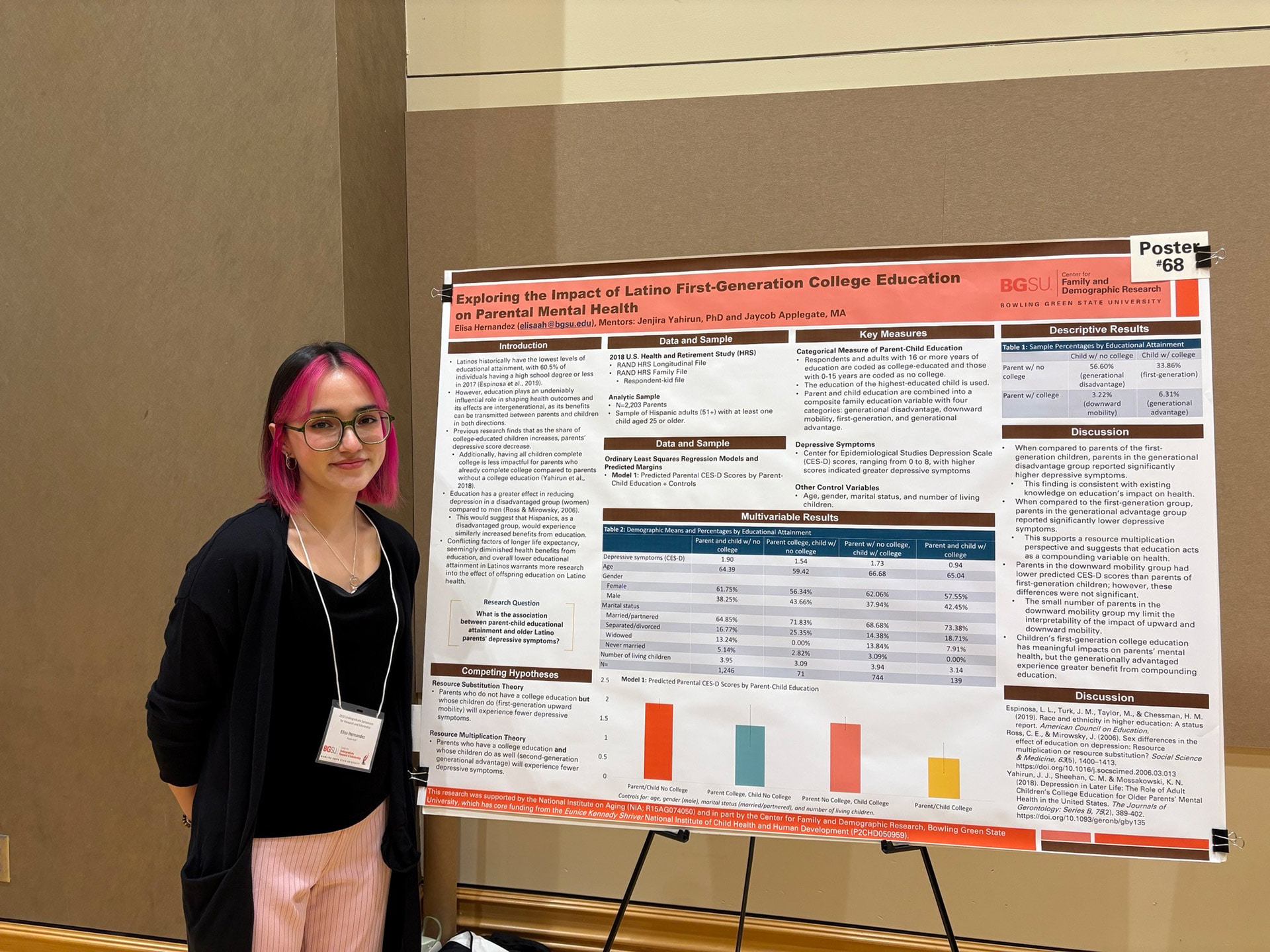 A girl stands next to a poster board