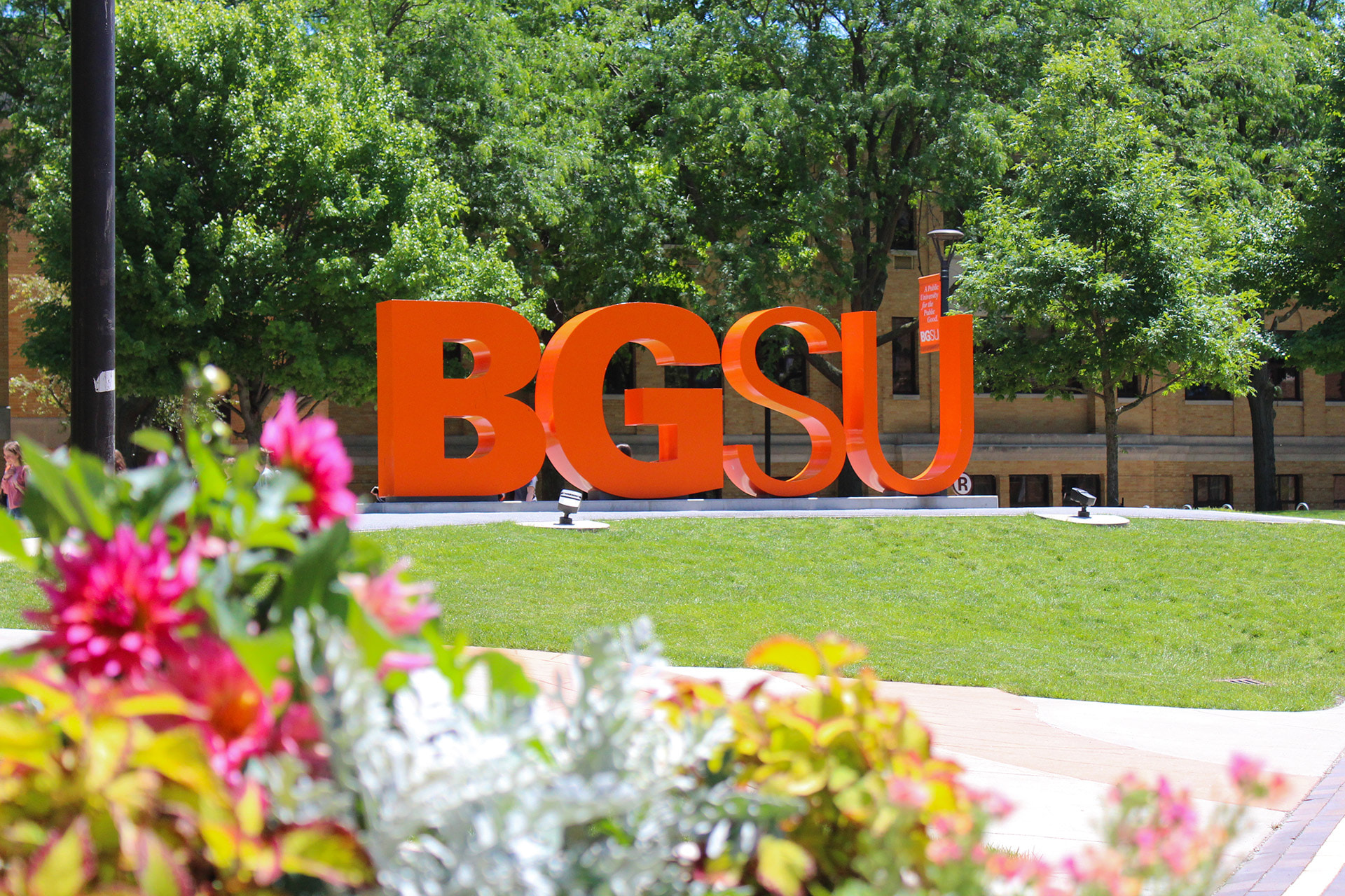 BGSU letters on campus during a summer day