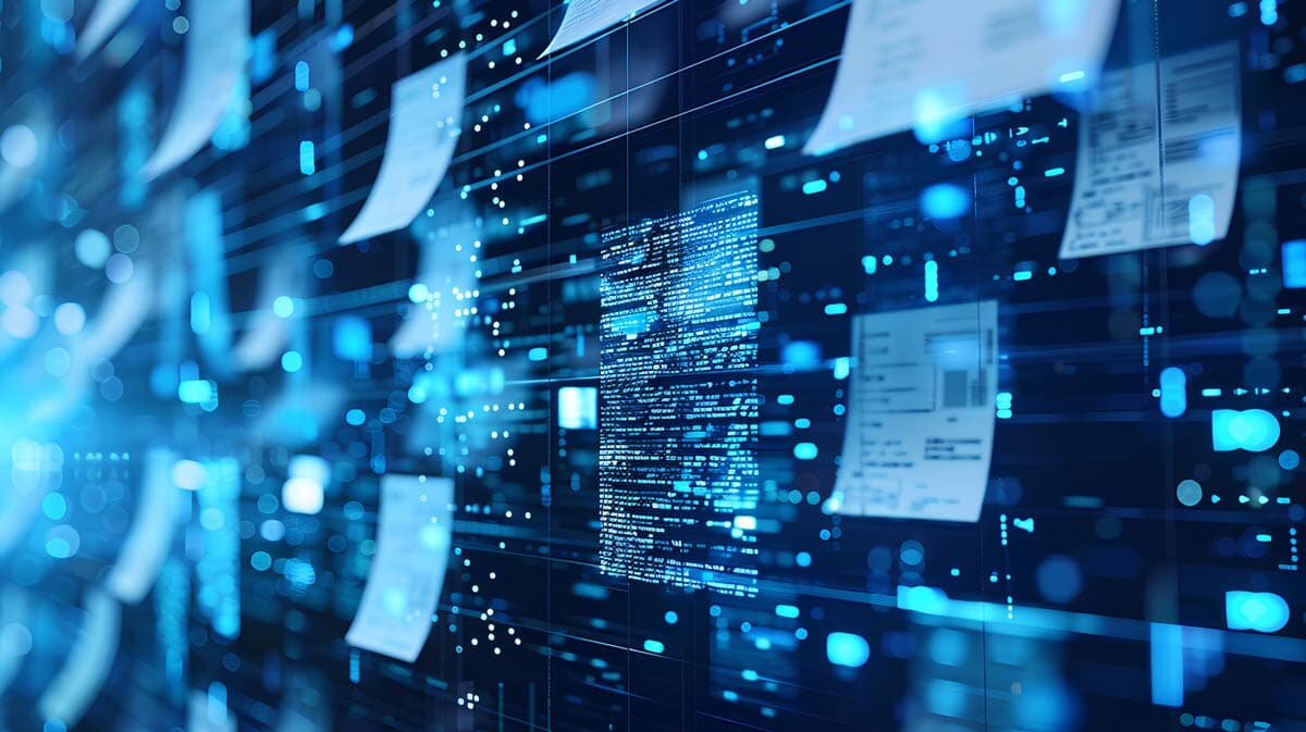 Artificial Intelligence in Document Analysis, the role of artificial intelligence in document analysis with an image portraying machine learning algorithms extracting data from unstructured documents