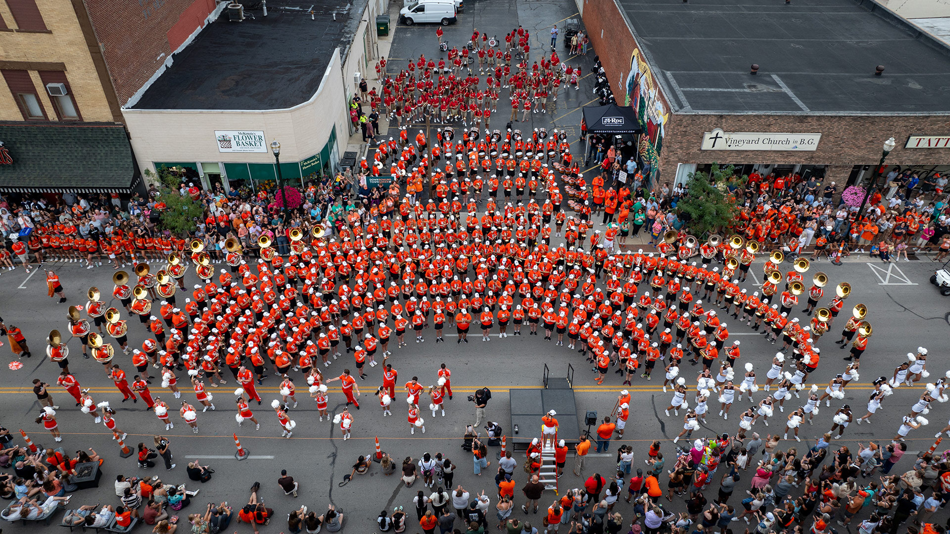 The BGSU Falcon Marching Band performs in downtown Bowling Green.