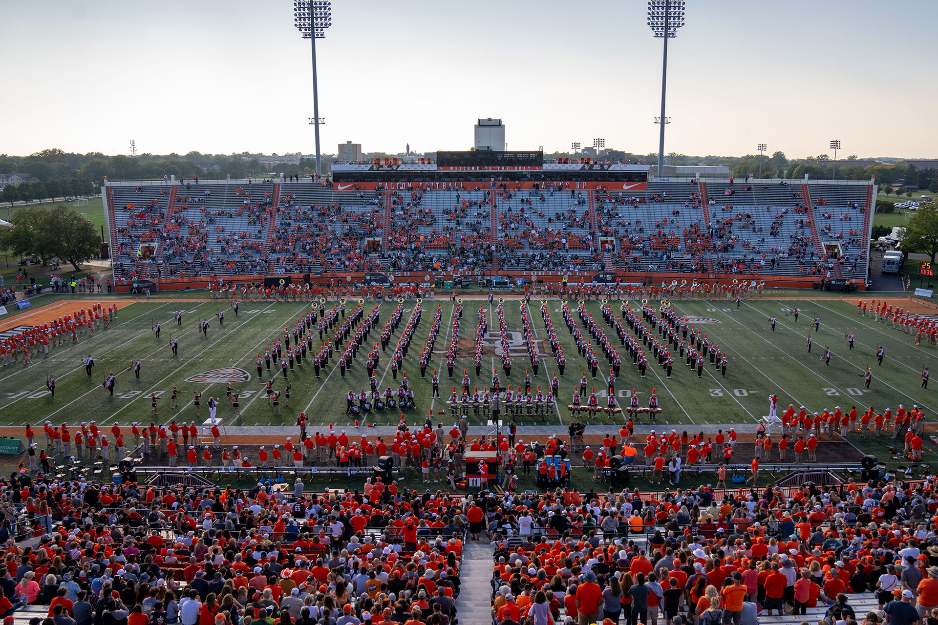 The BGSU Falcon Marching Band during a Falcon football game.