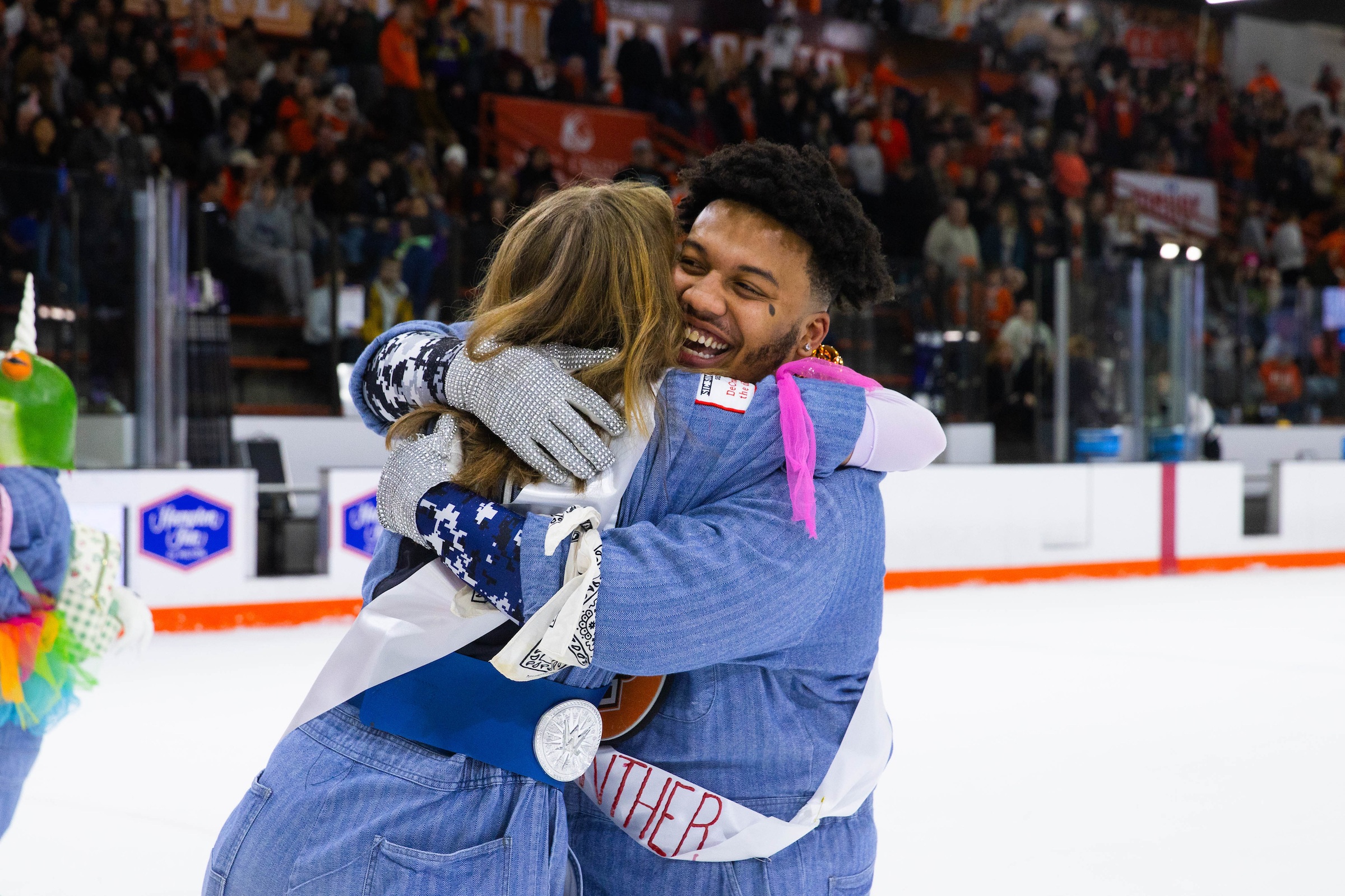 BGSU mascots flank SICSIC members Jillian Filipiak and Dwayne Lawson.