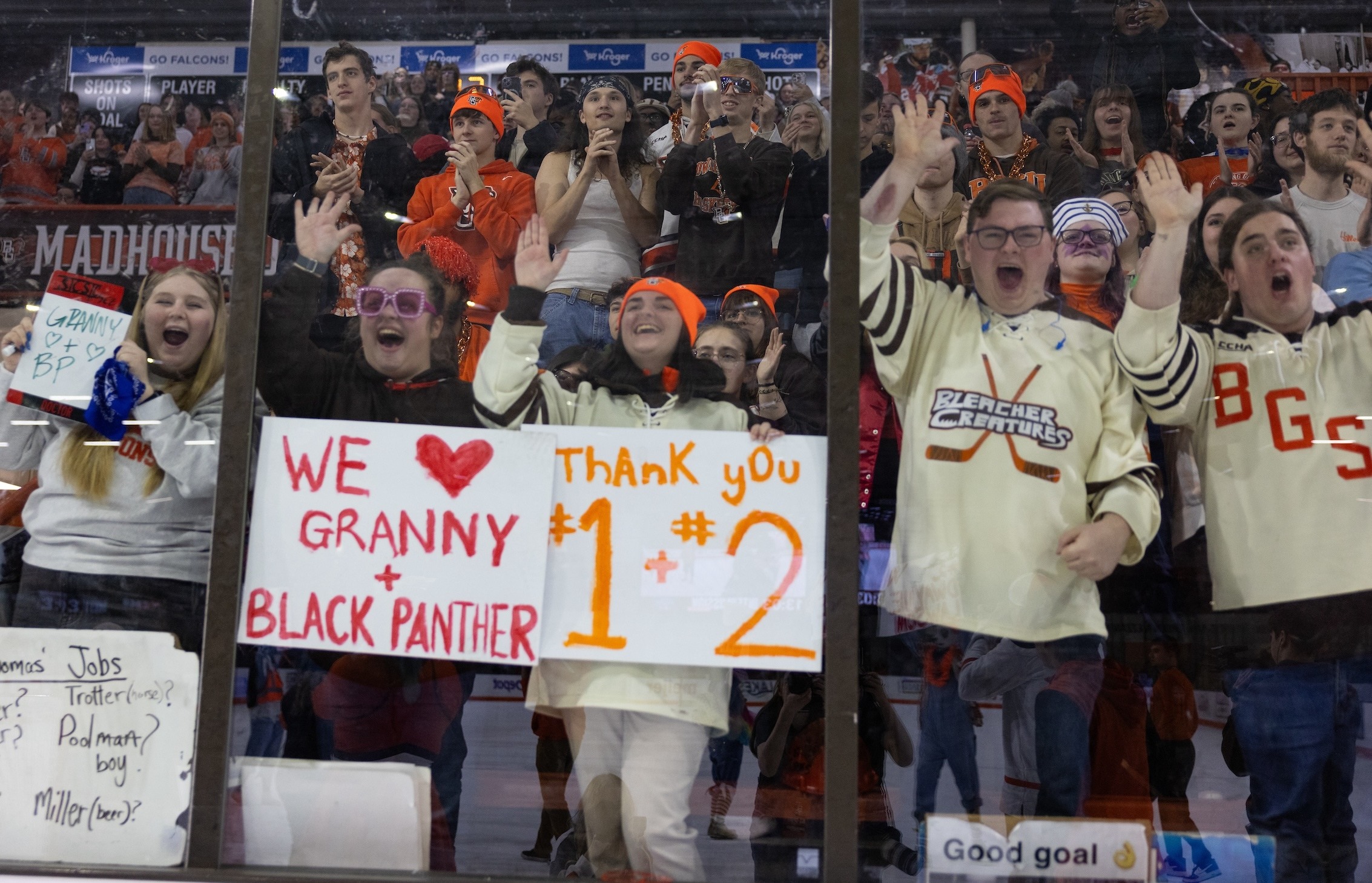 Students cheer and hold signs during a BGSU hockey game.