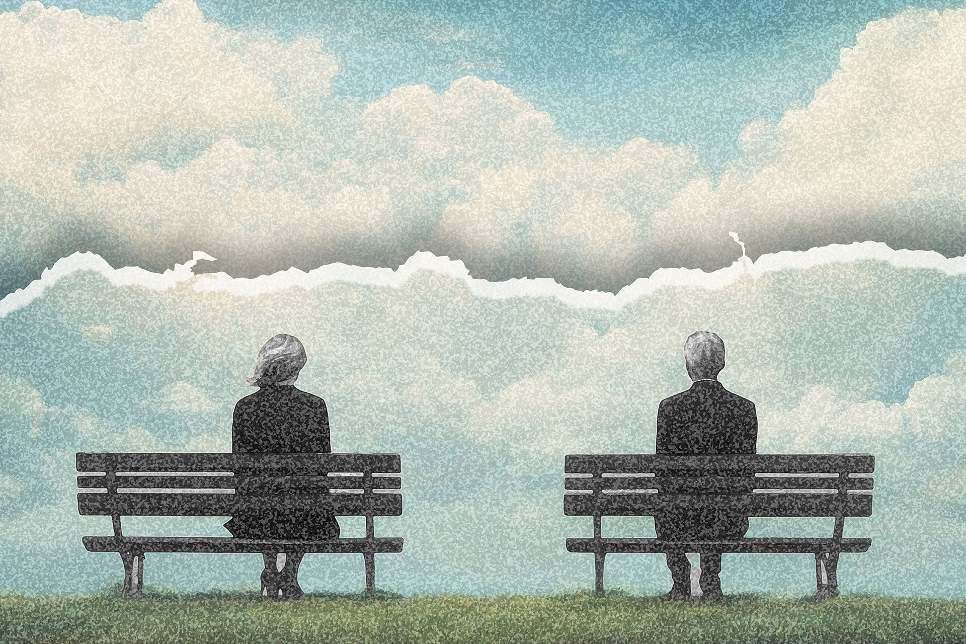 Two people sit on separate park benches.