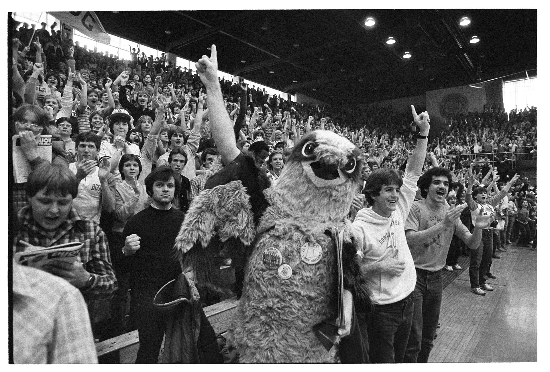 A falcon mascot poses for a picture with sports fans
