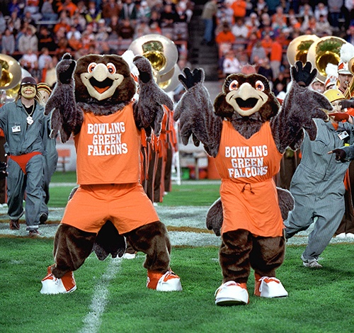 Two falcon mascots celebrate on a football field