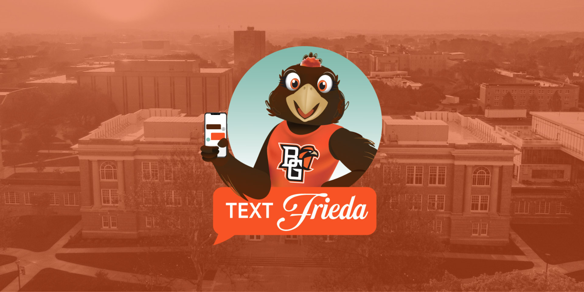A cartoon image of Frieda Falcon holding a phone with a University photo in the background