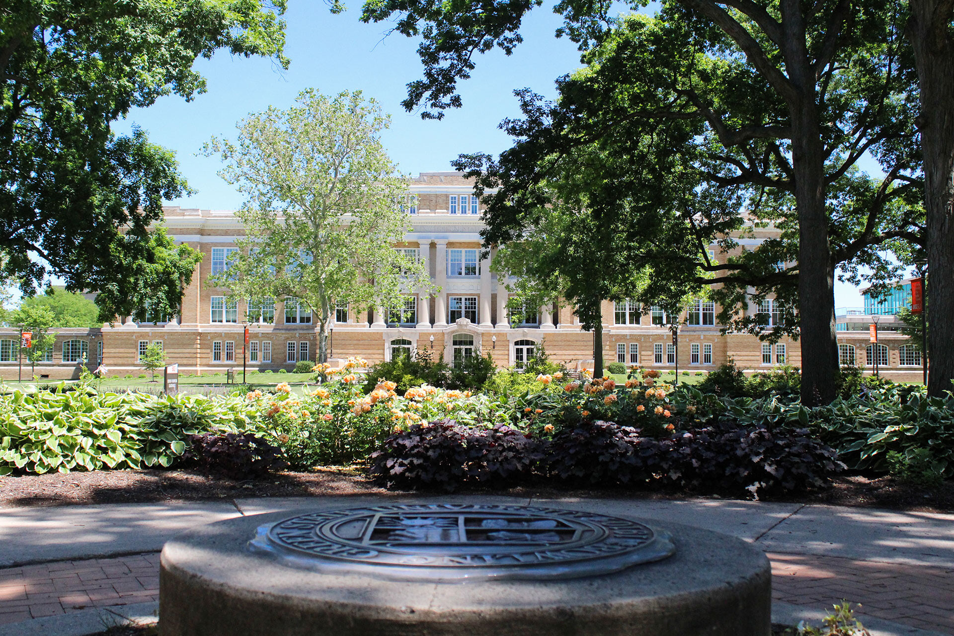 The university seal and university hall