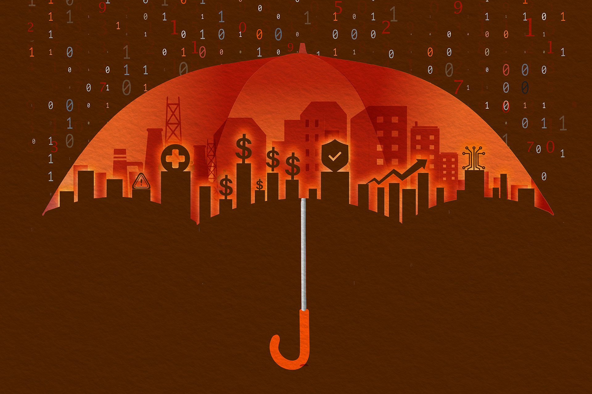 A graphic design of an umbrella with numbers raining on it
