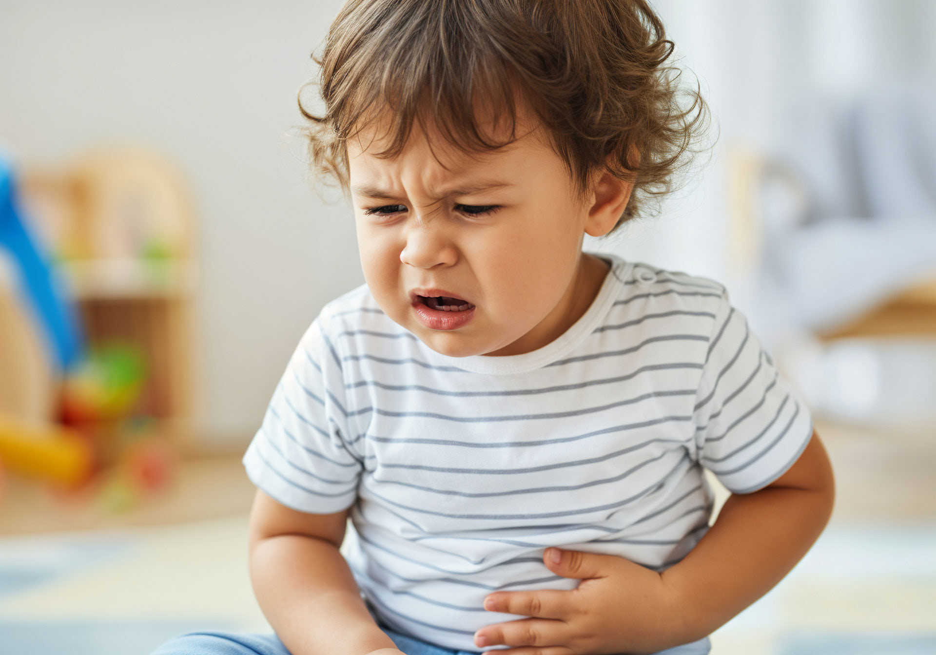 A small child holds belly in pain