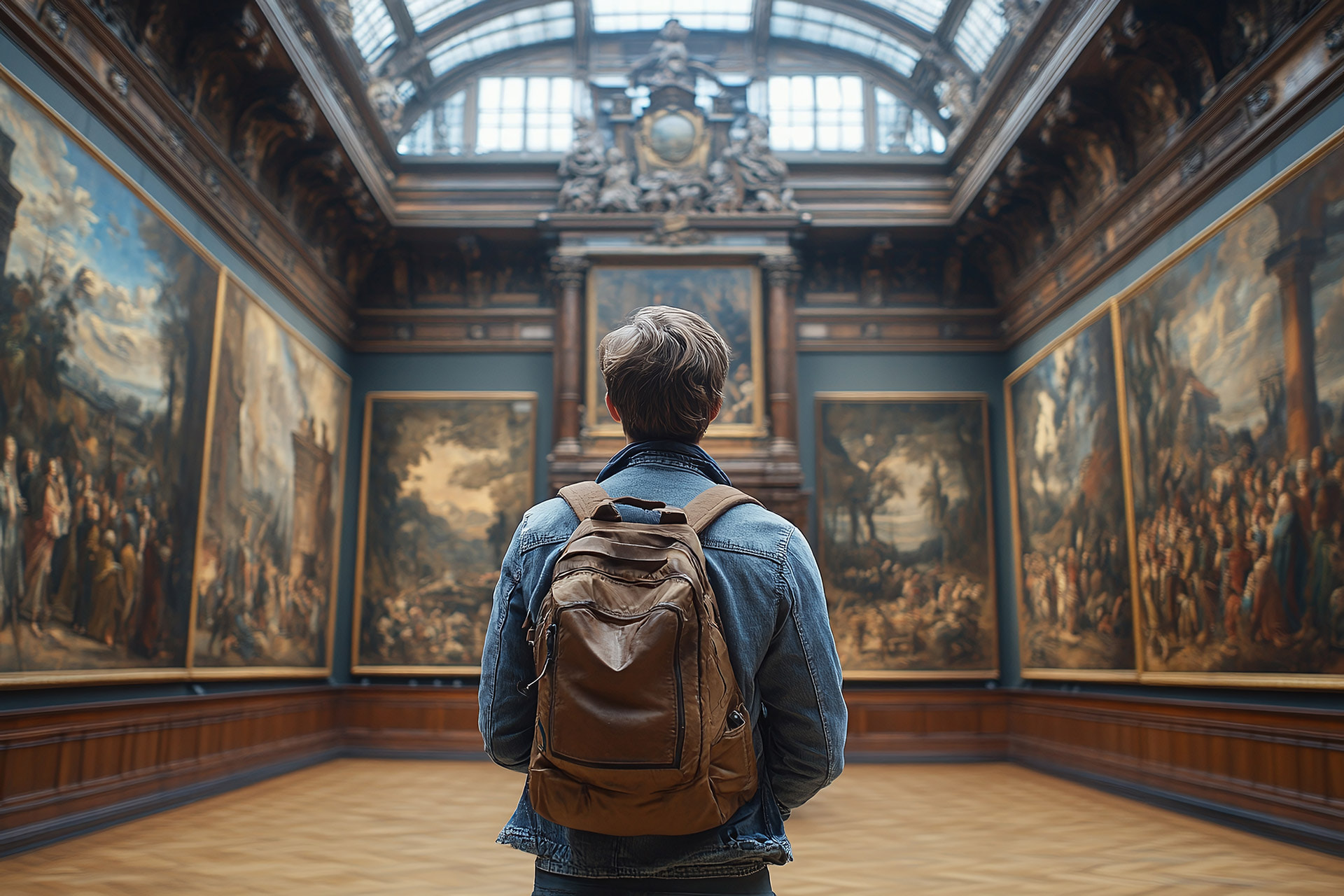 Back view of young adult person looking at renaissance style paintings in an old museum art gallery, respecting classic artwork.