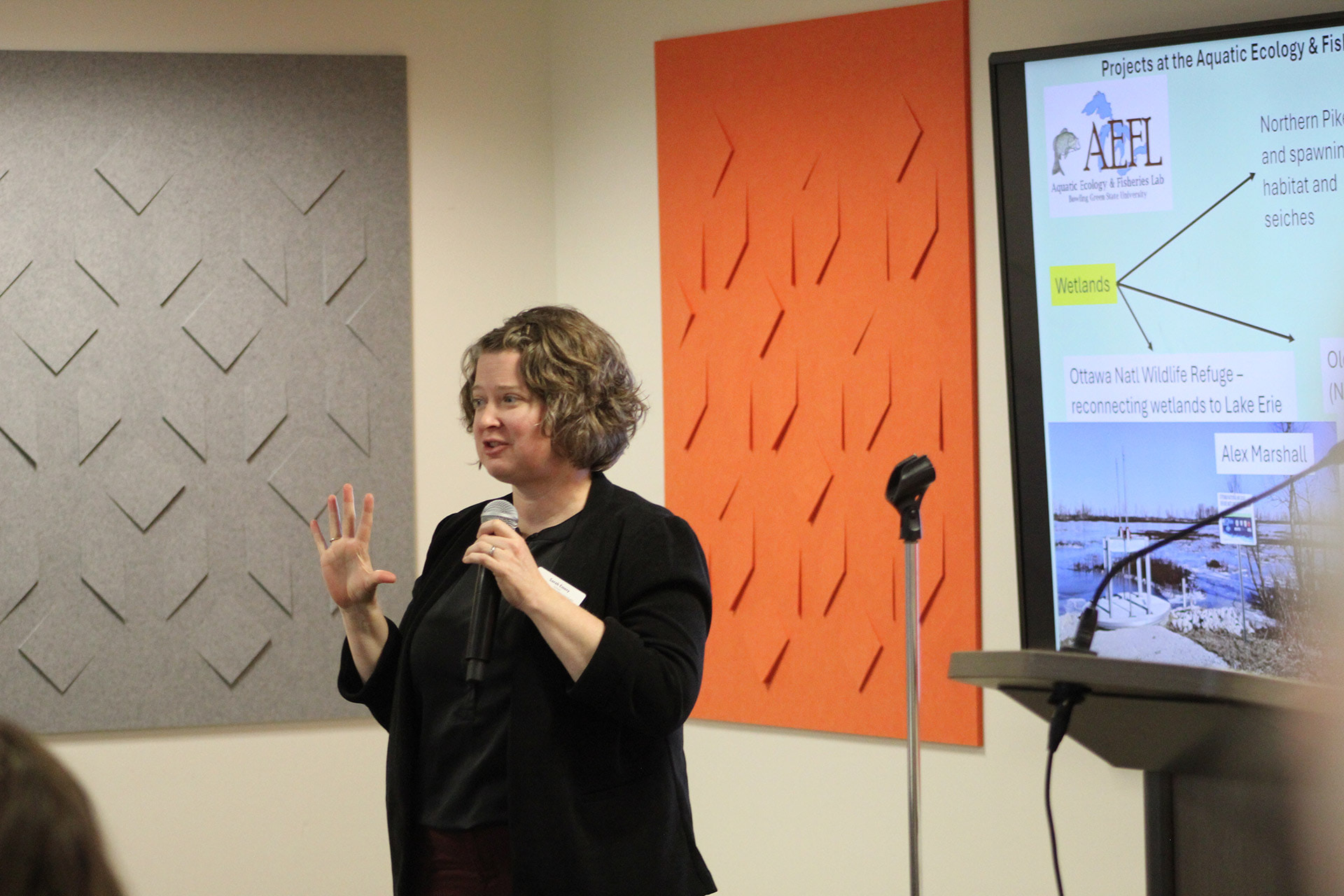 A woman speaks into a microphone.