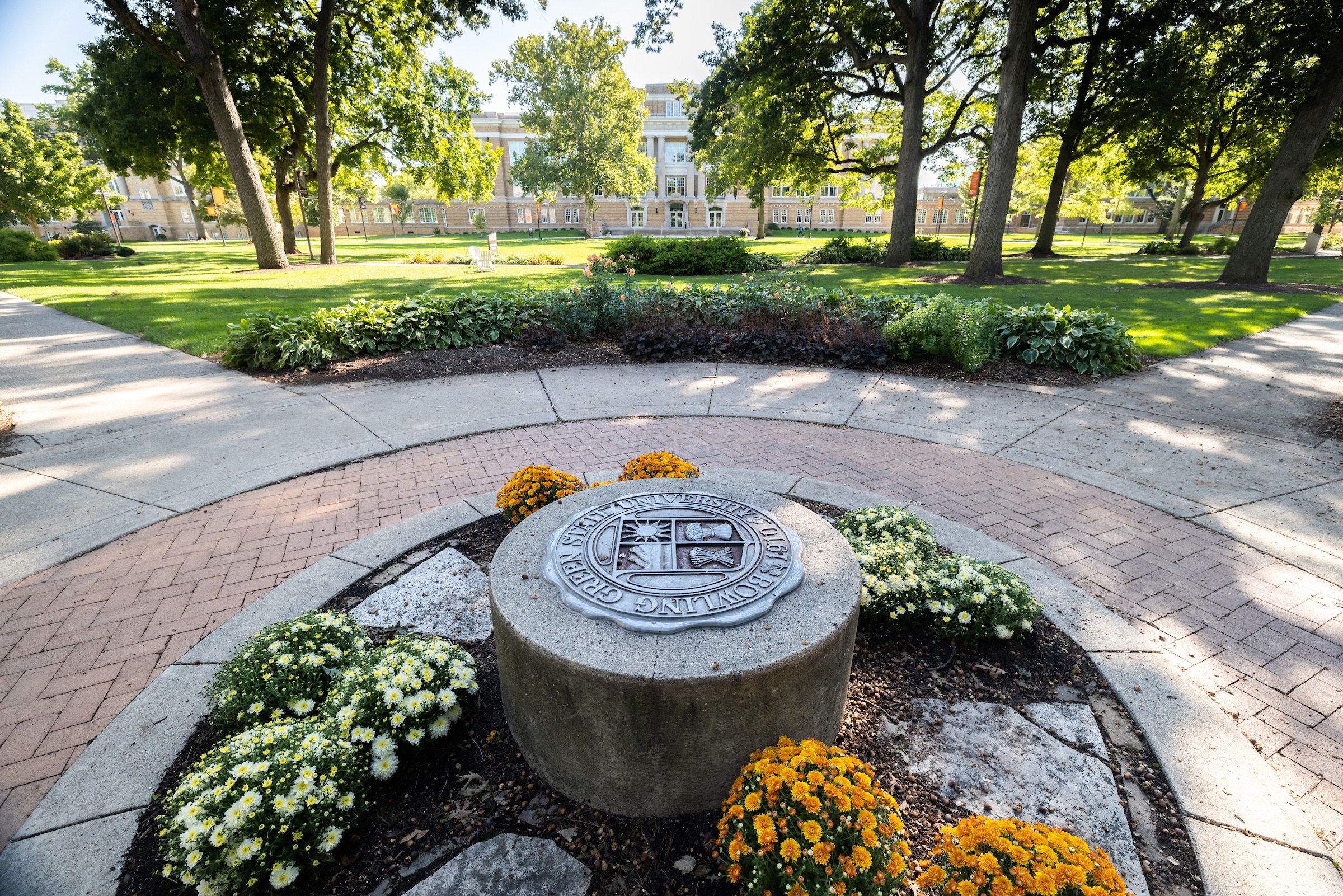 BGSU seal in front of university hall