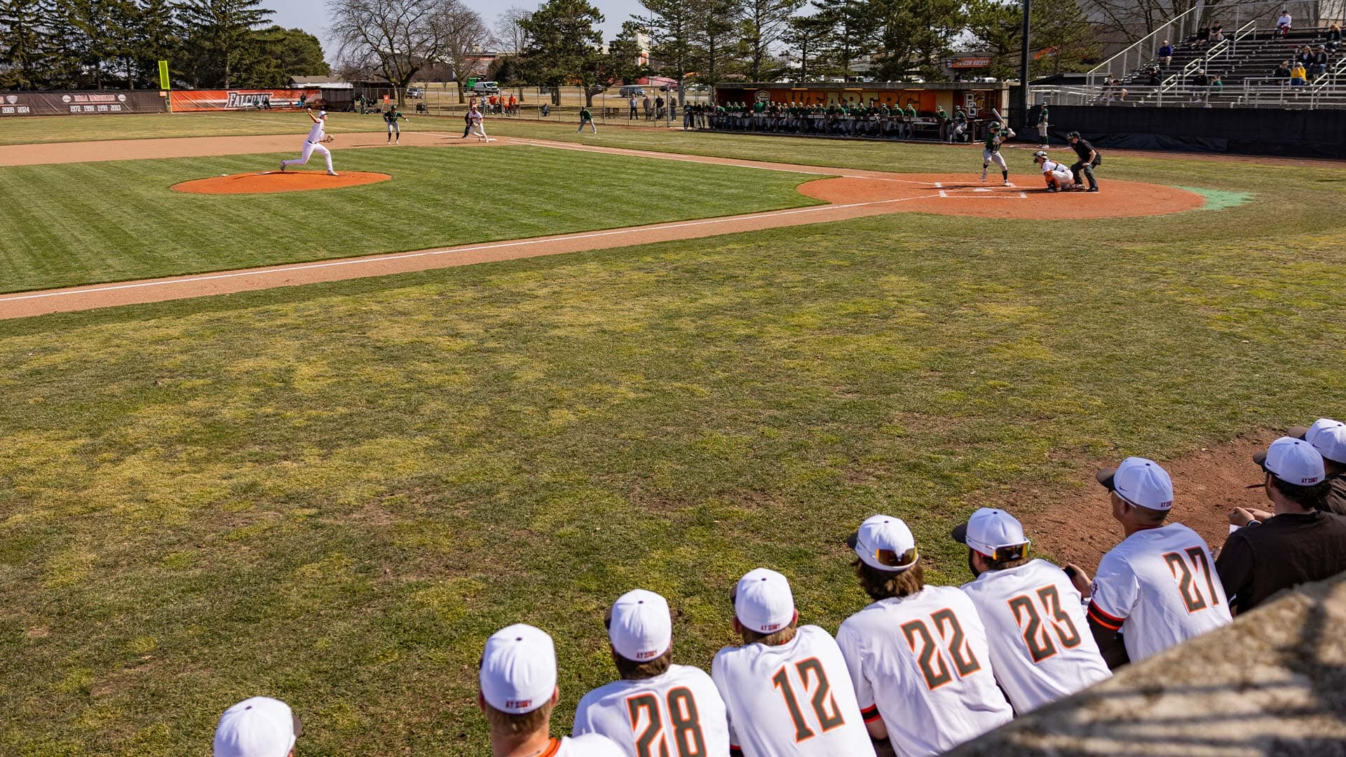 BGSU baseball players watch their teammate at bat.