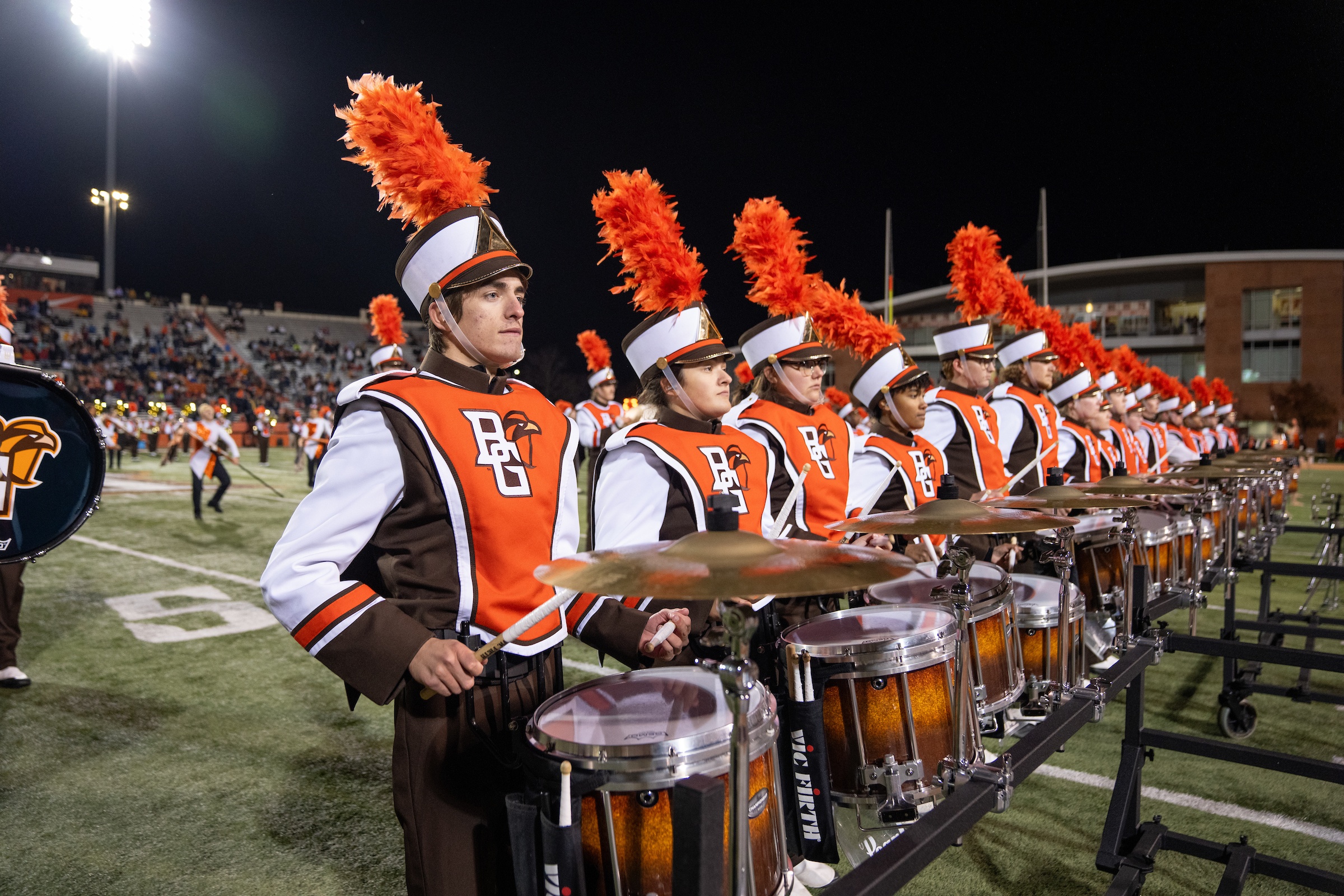 Falcon Marching Band inside Doyt L. Perry Stadium.