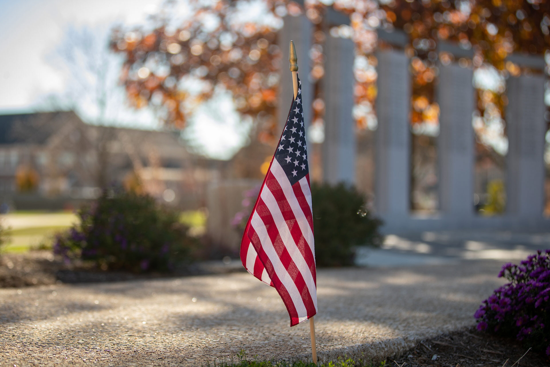 An American flag in the ground on the BGSU campus