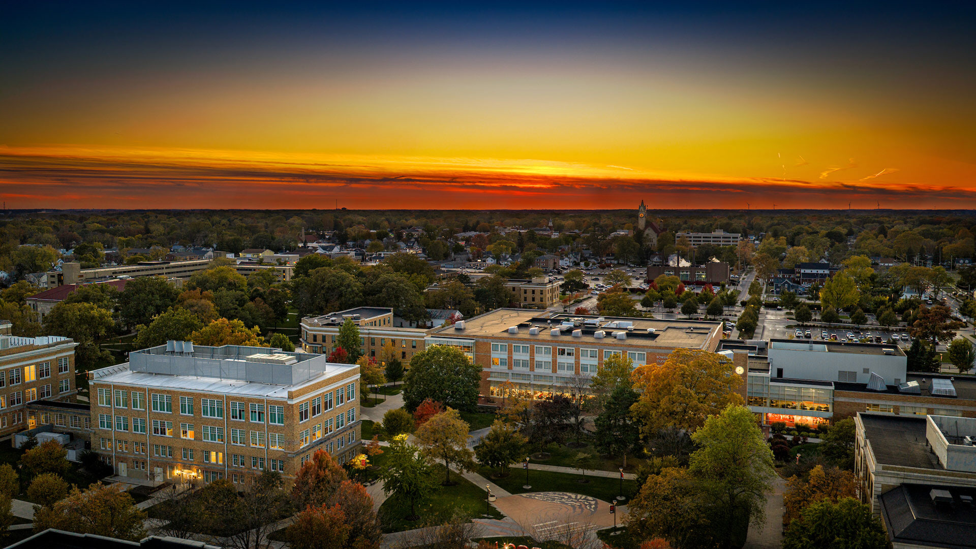 A drone image of the BGSU campus captured at sunset