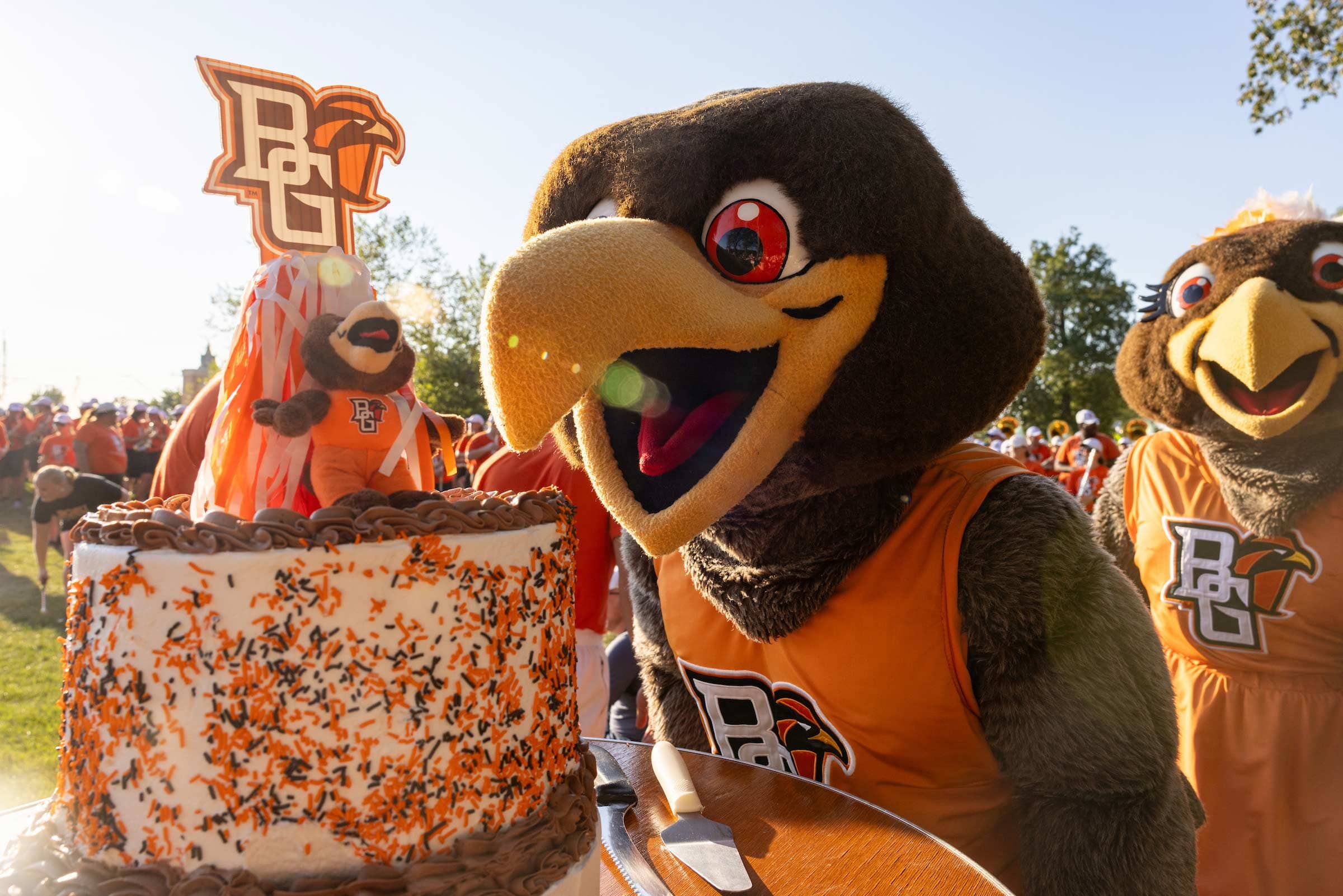 Freddie Falcon mascot next to a birthday cake.