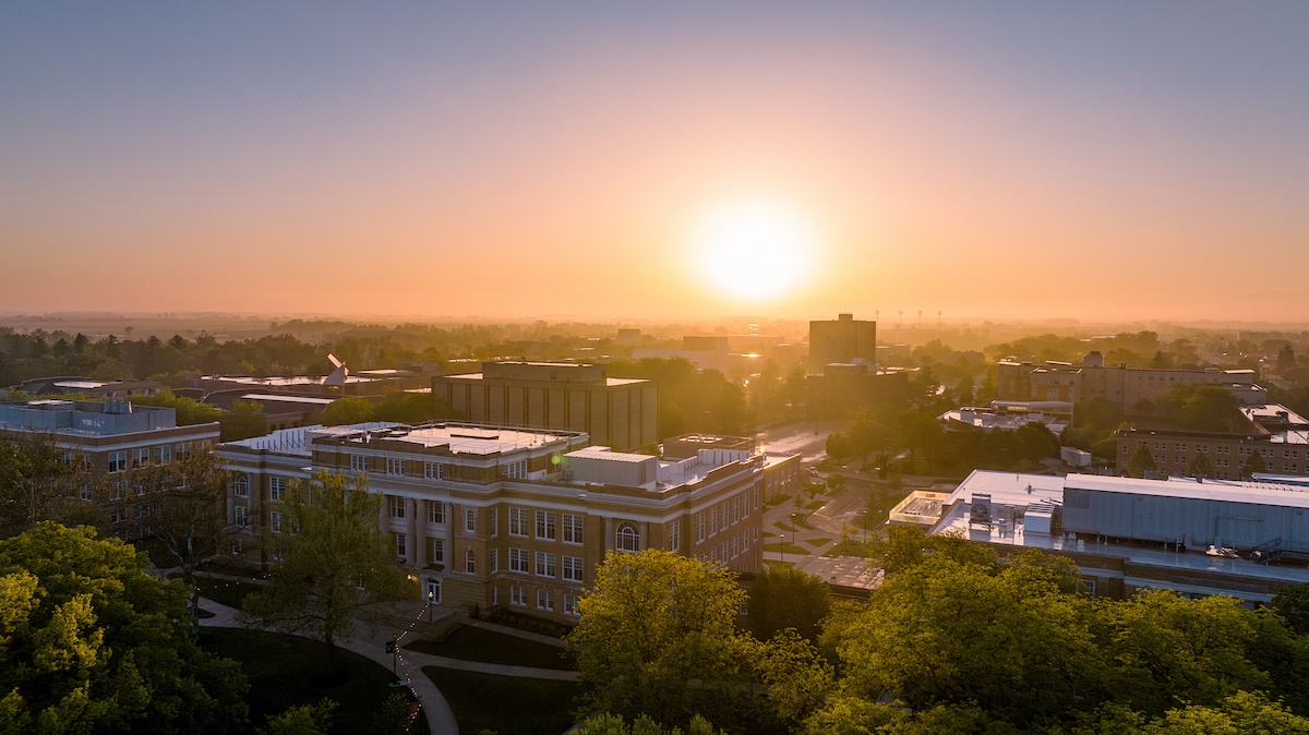 A drone image of campus