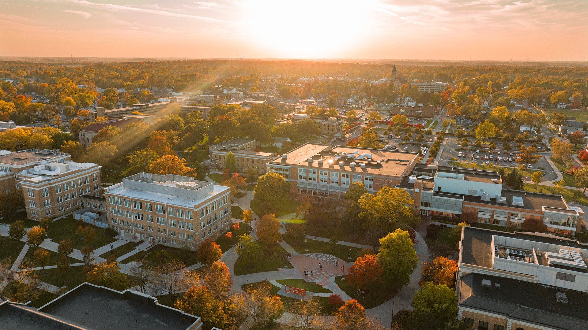 A drone shot of the university over the union