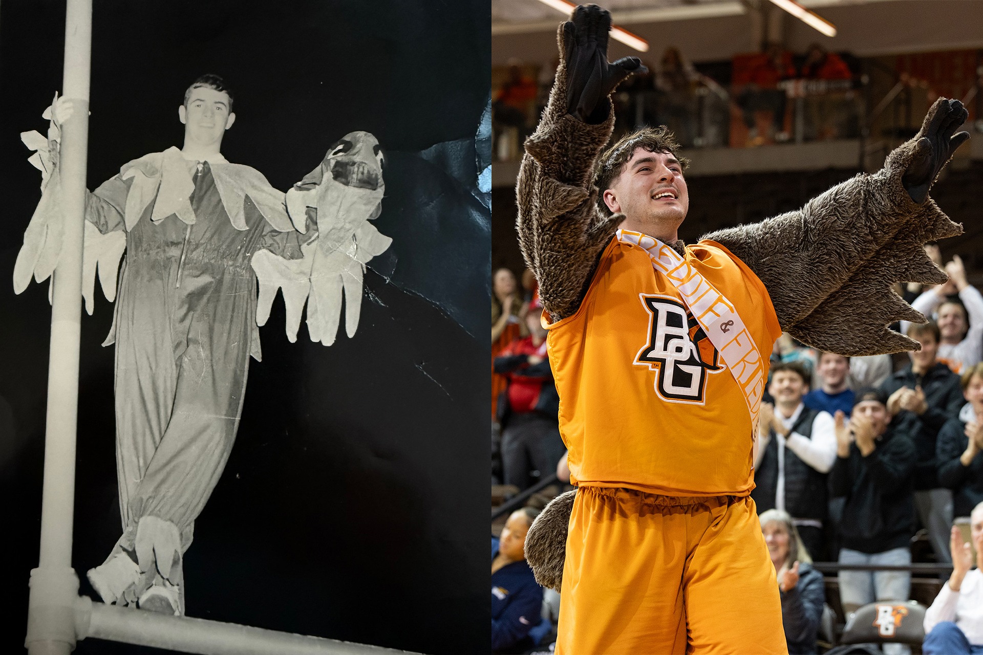 A black and white and color image showing students dressed as Freddie Falcon.