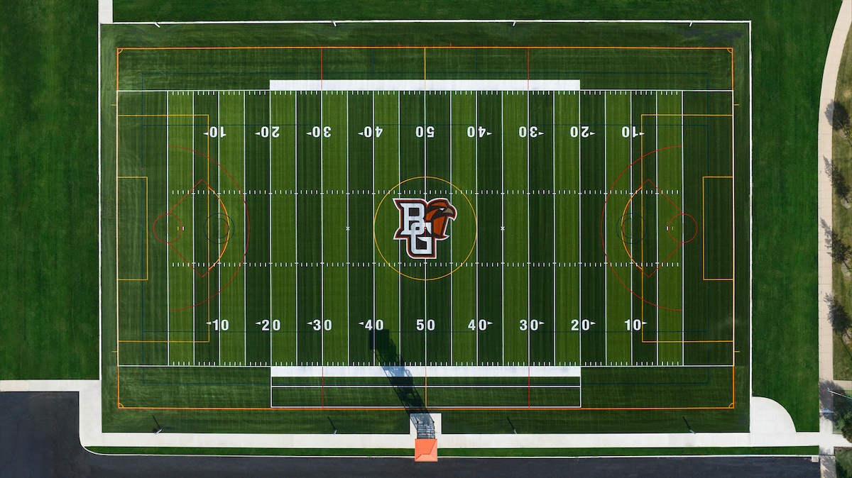 Aerial view of an artificial turf field 