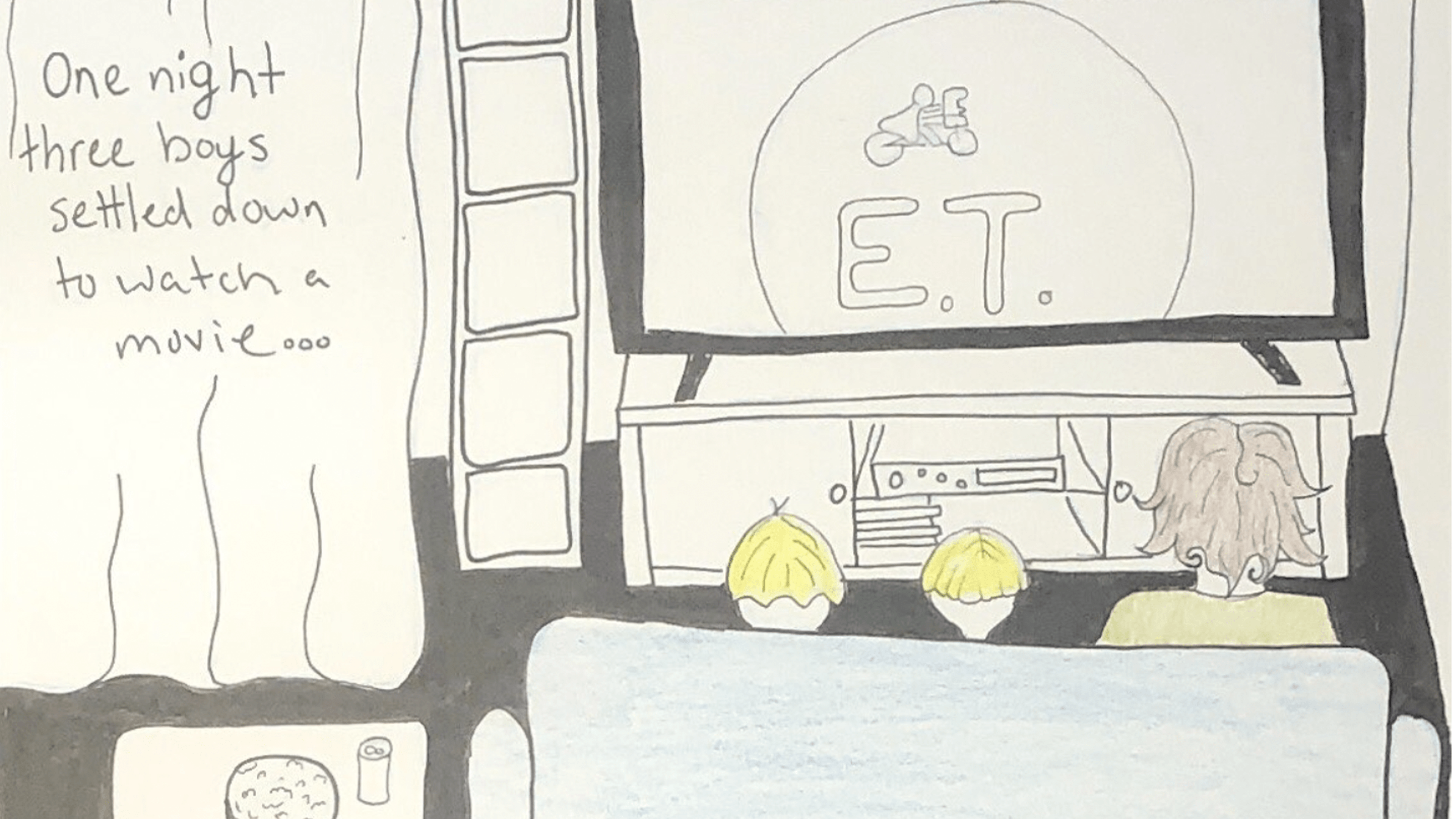 Panel of Hobb's comic depicting people in front of a tv watching the movie E.T.