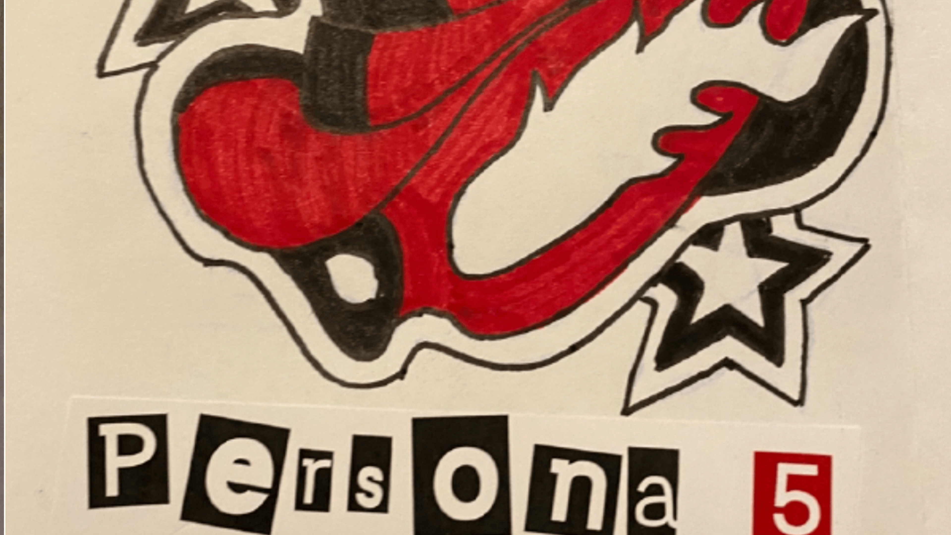 page 1 one nick's zine. Image of hat and mask and text "persona 5" in serial cut-out letters