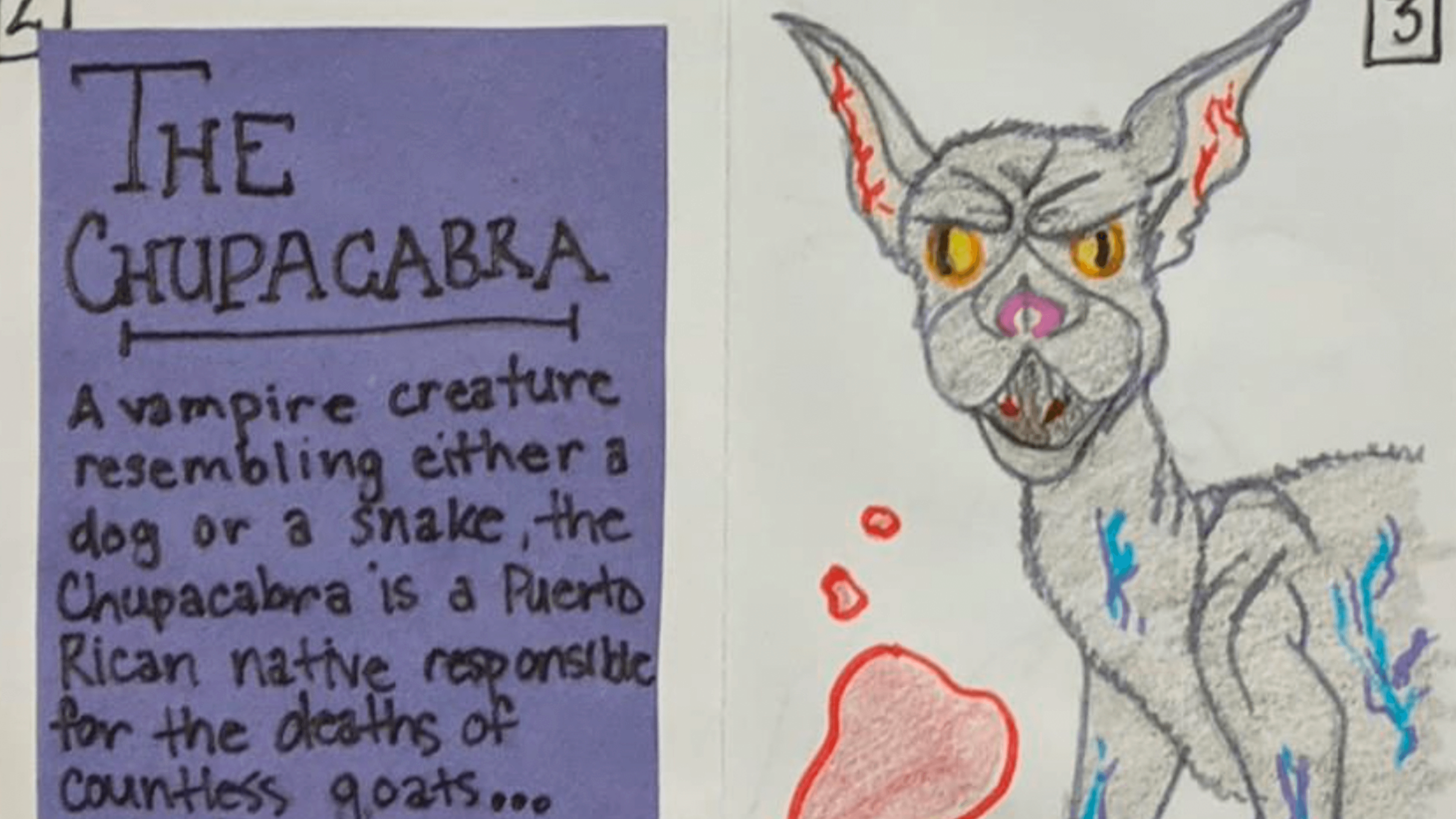 page of rosie's zine depicting a drawing of a chupacabra