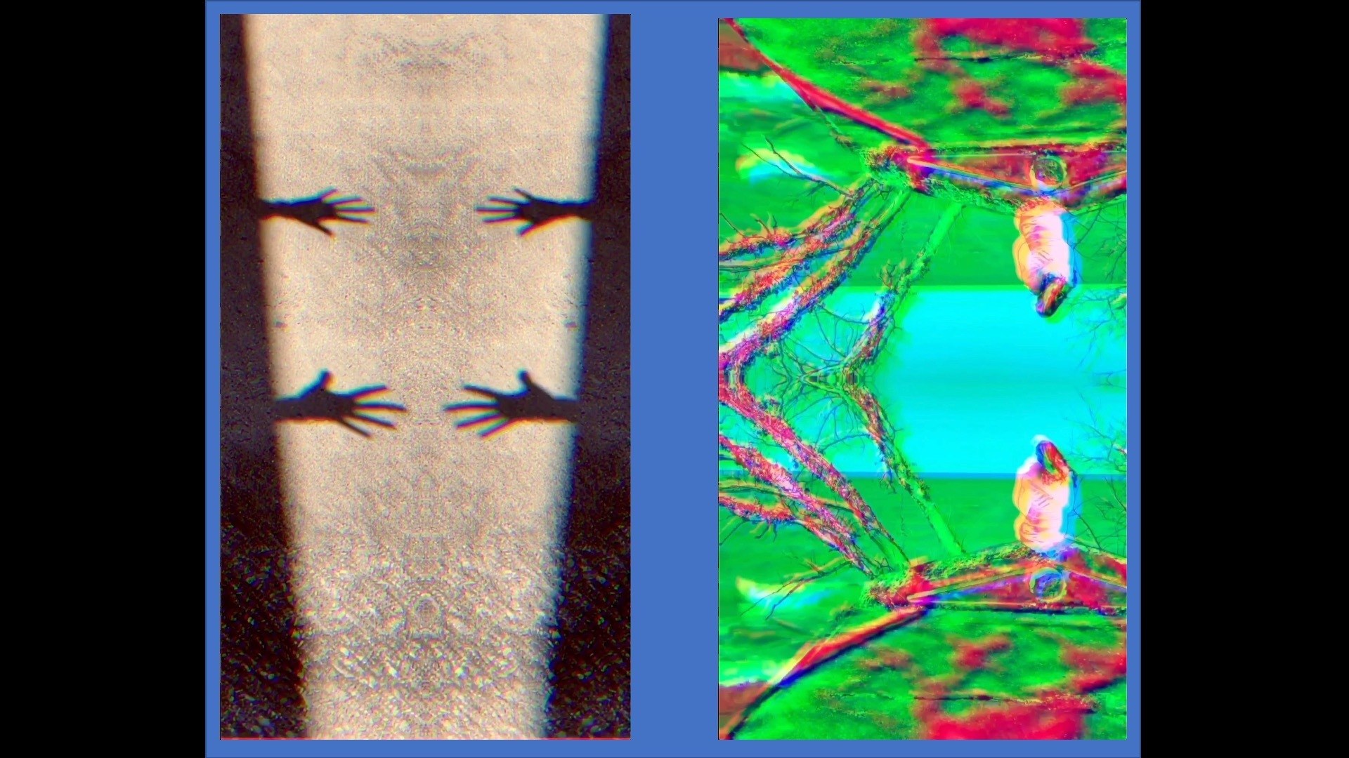 two photos. One photo of hand shadows reaching across a lit sidewalk path. Another photo of figure in distance sitting in nature in bright abstract neon colors and mirrored upside-down