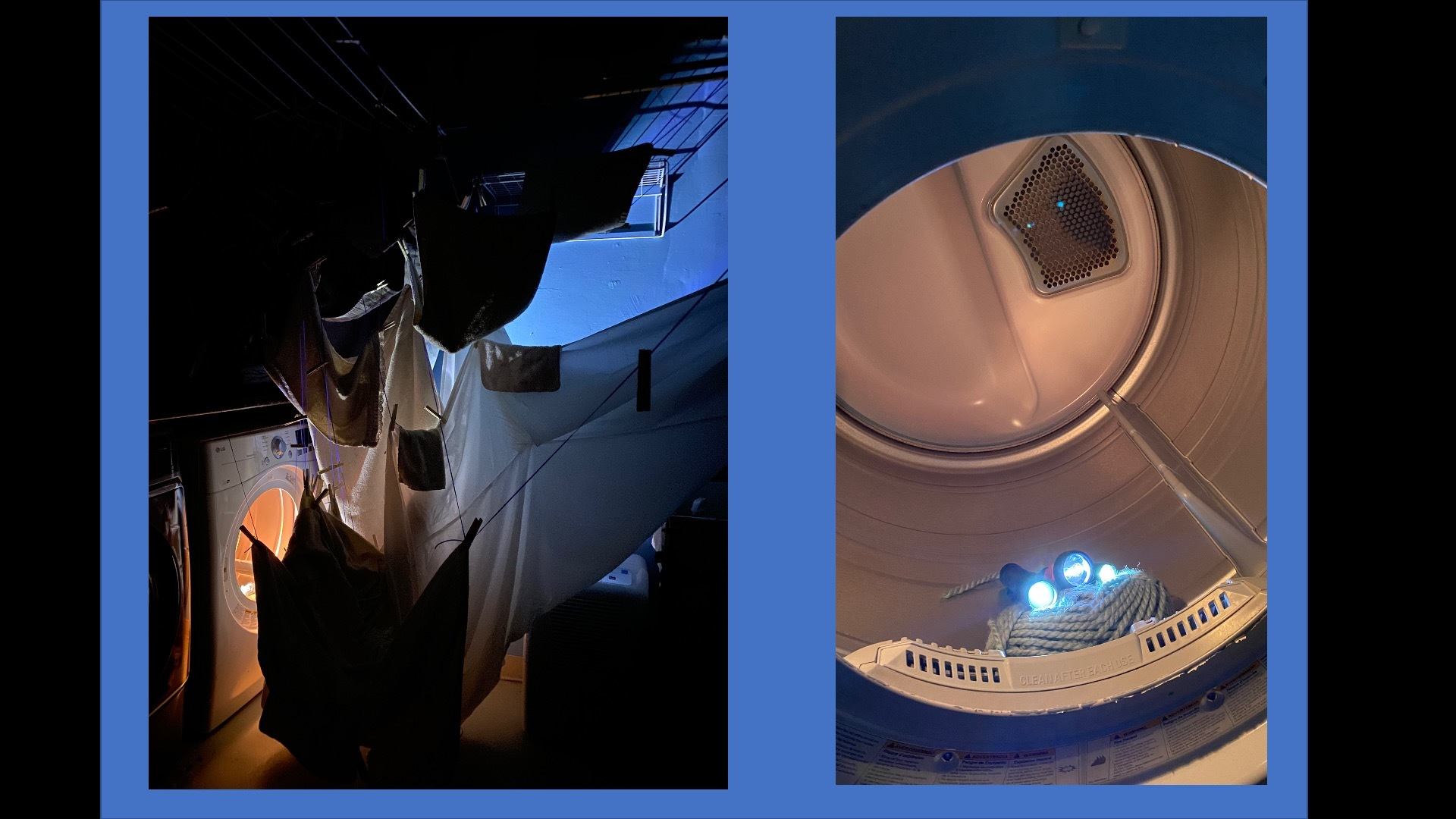 dark eerie interior of laundry room with handing cloth crowding toward blue light coming from inside or washing machine