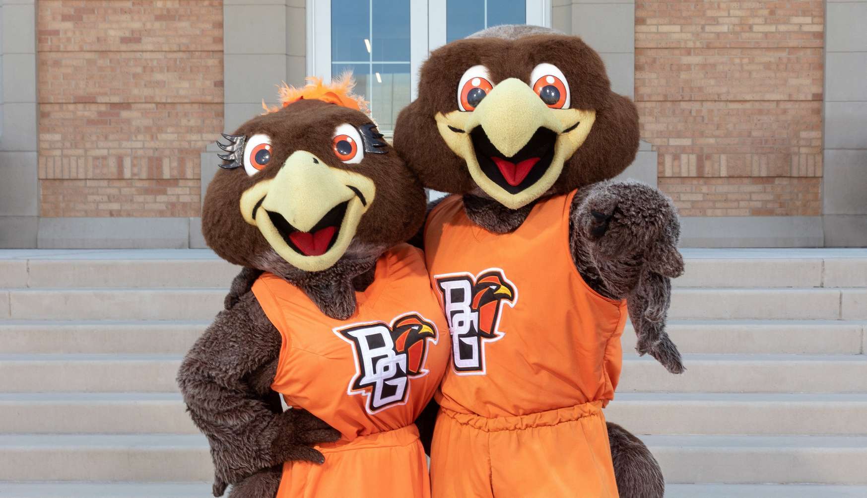 BGSU mascots pose in front of University Hall